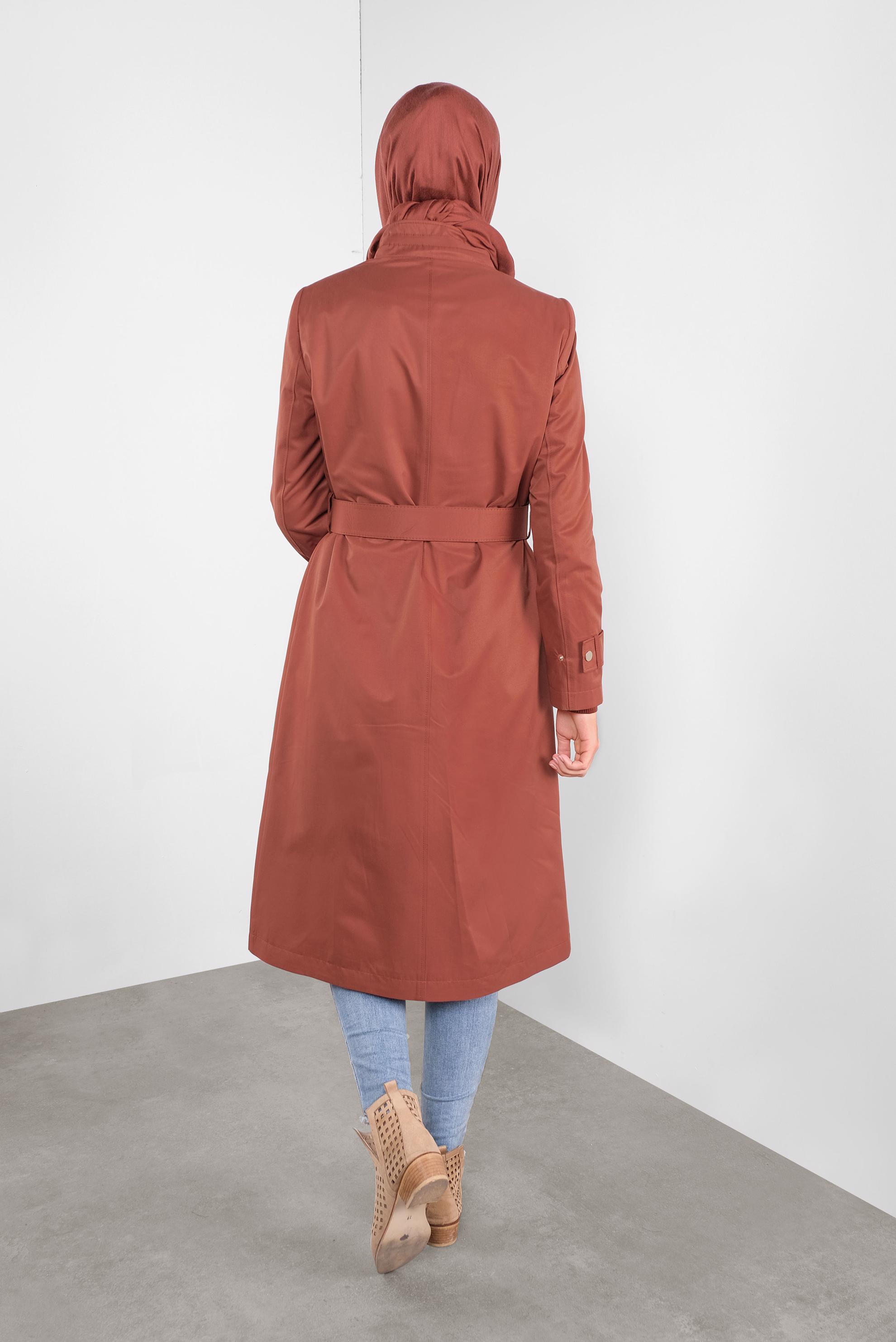 Tesettür giyim TURUNCU PAMUKLU KEMERLİ TRENÇKOT 10290 