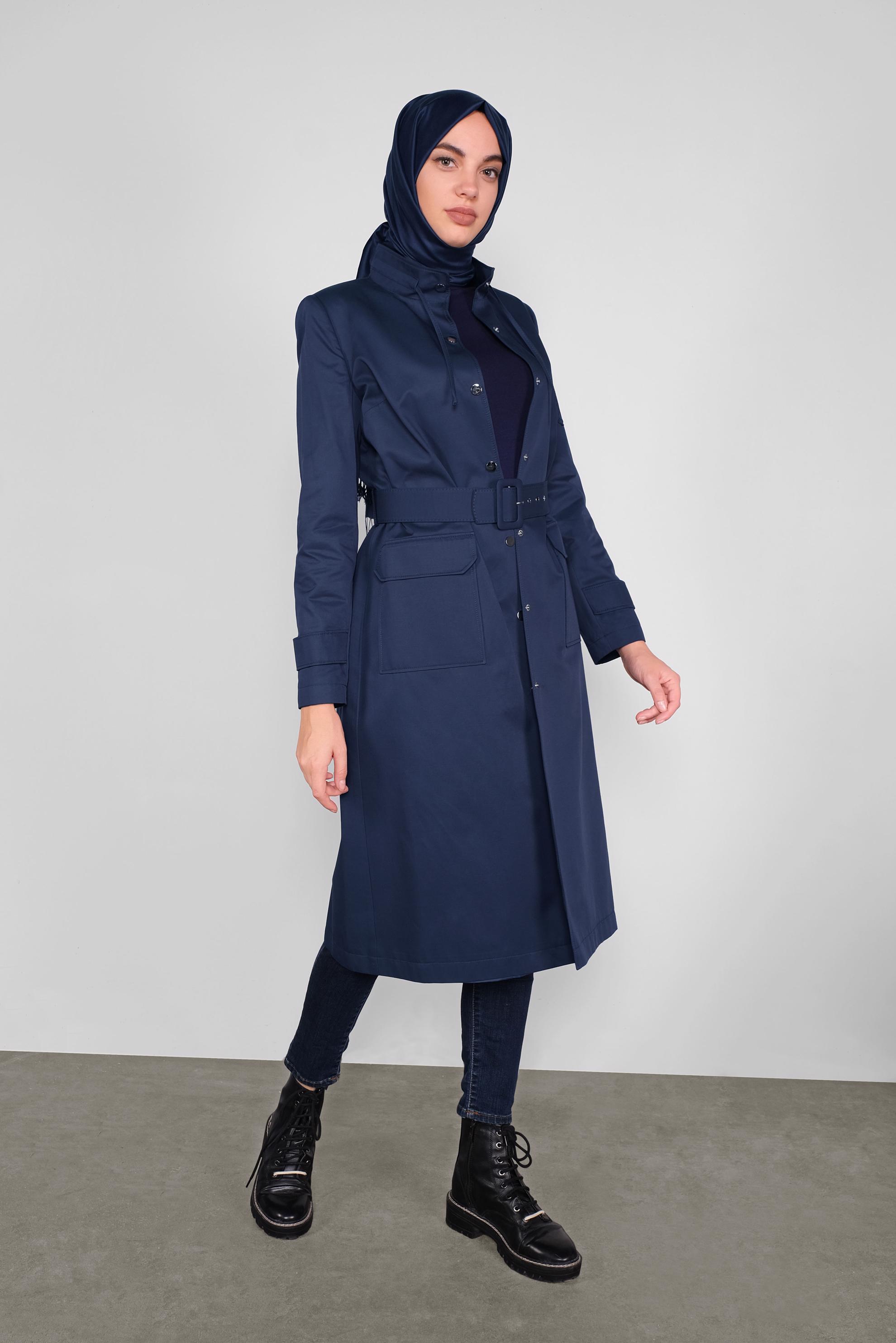 Tesettür giyim LACİVERT PAMUKLU KEMERLİ TRENÇKOT 10290 