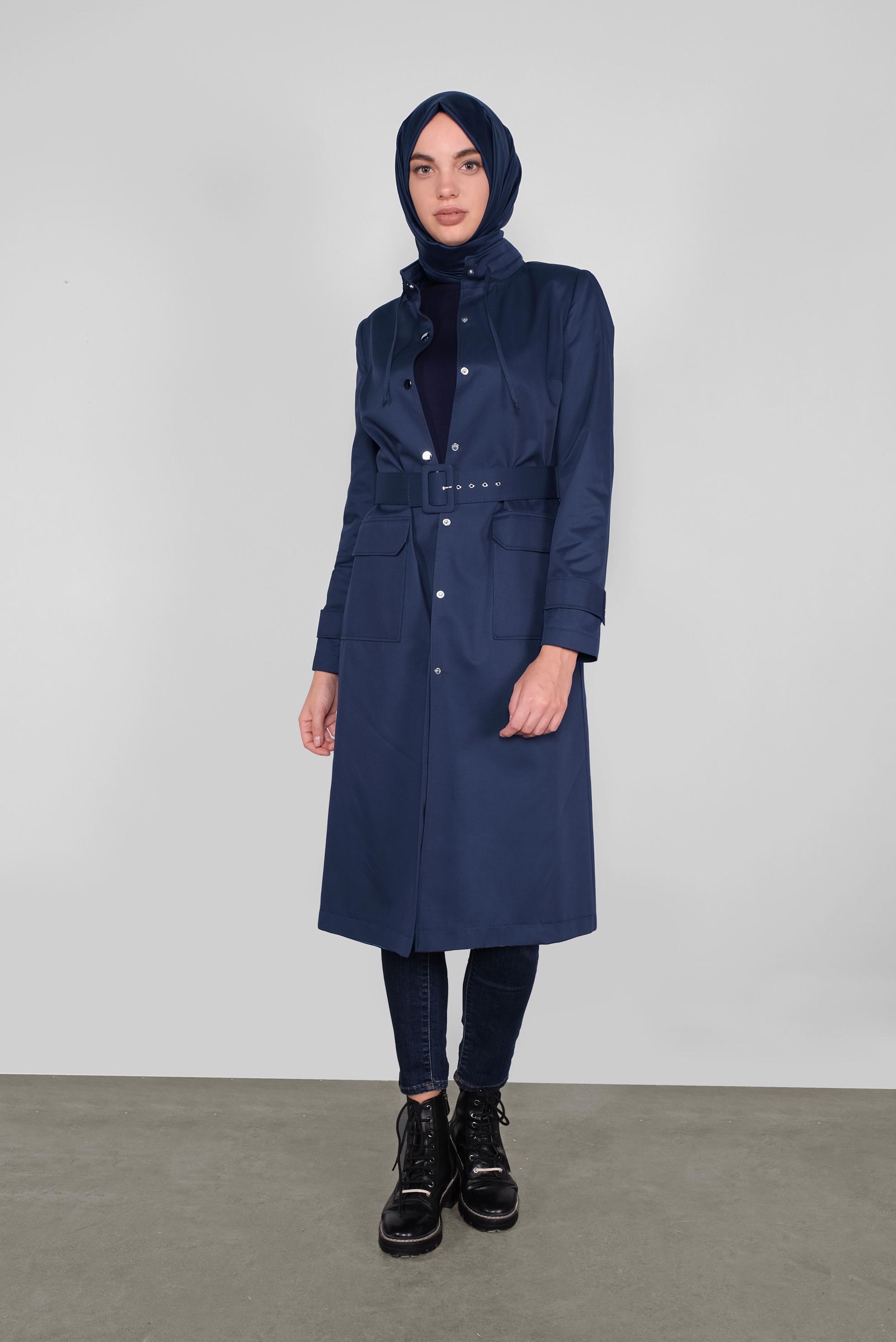 Tesettür giyim LACİVERT PAMUKLU KEMERLİ TRENÇKOT 10290 