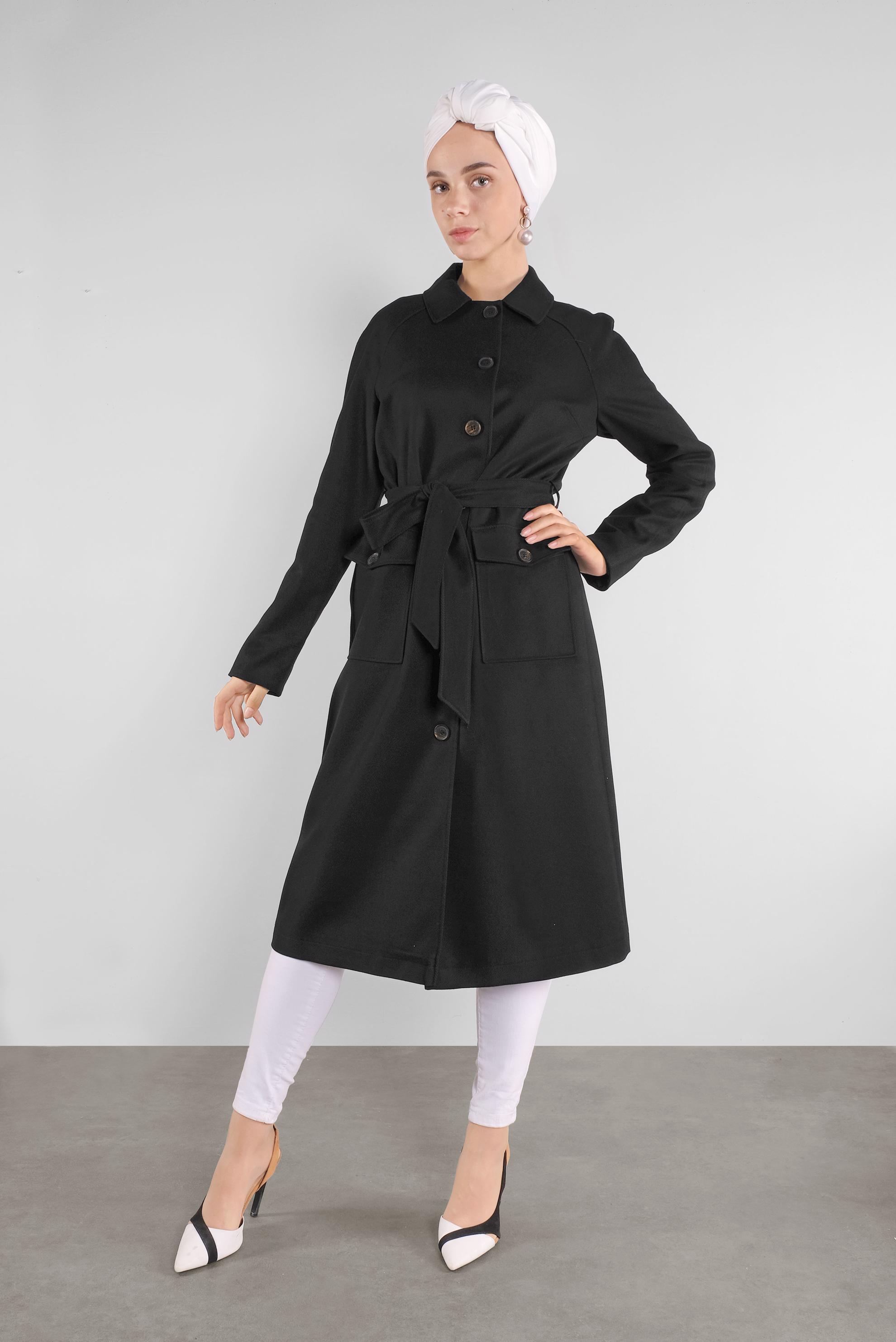 Tesettür giyim SİYAH CEPLİ TRENÇKOT 10291 