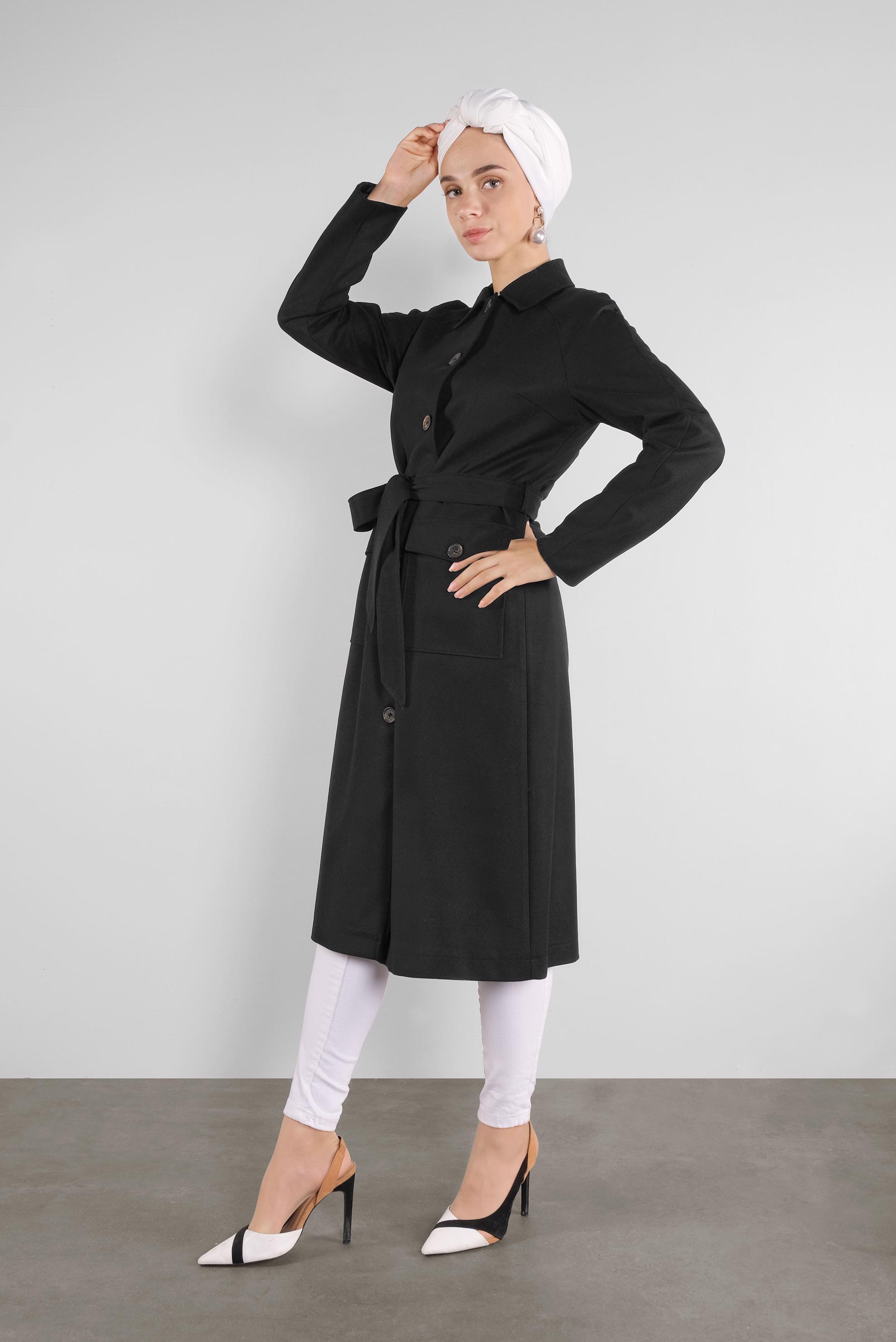 Tesettür giyim SİYAH CEPLİ TRENÇKOT 10291 