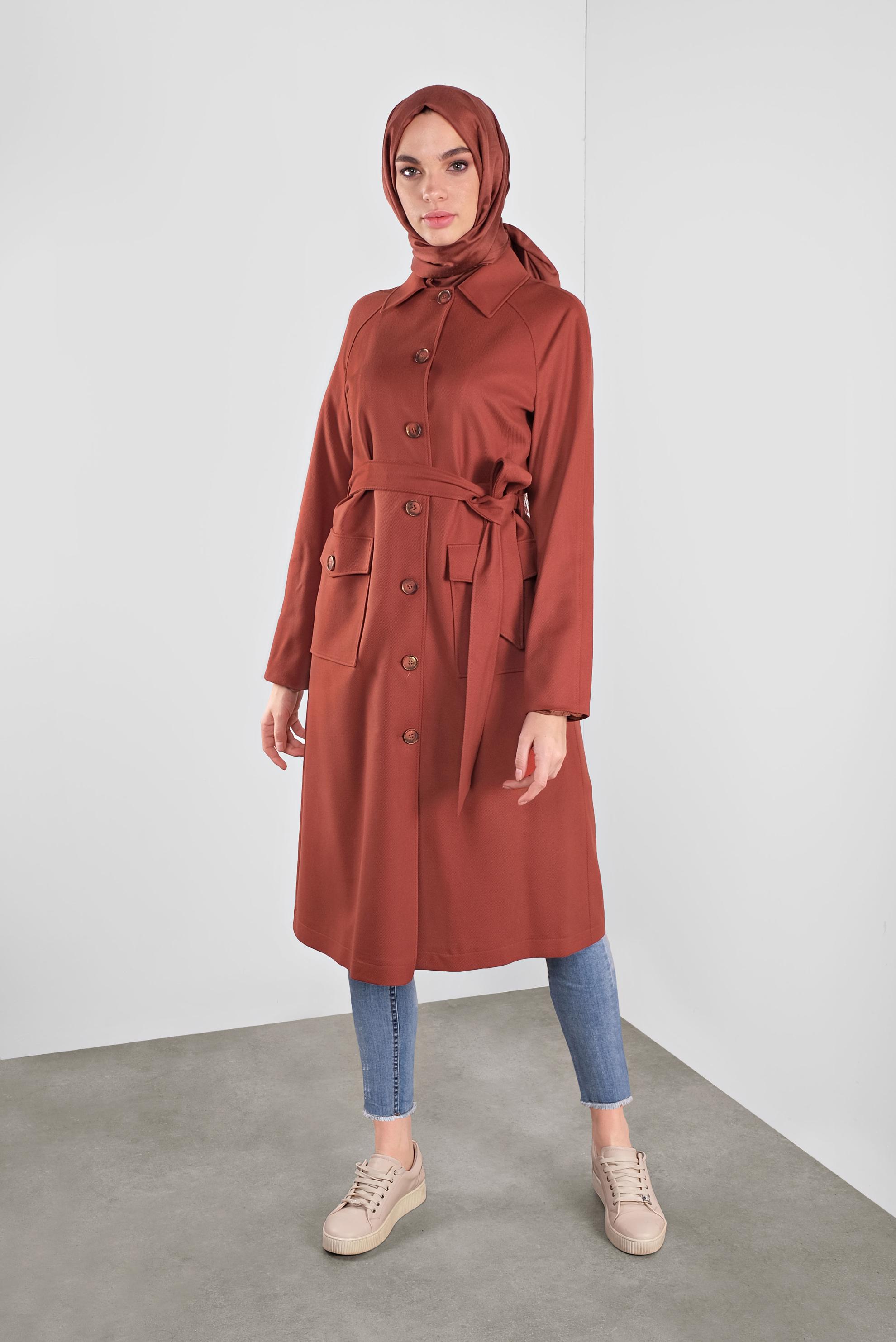 Tesettür giyim TURUNCU CEPLİ TRENÇKOT 10291 
