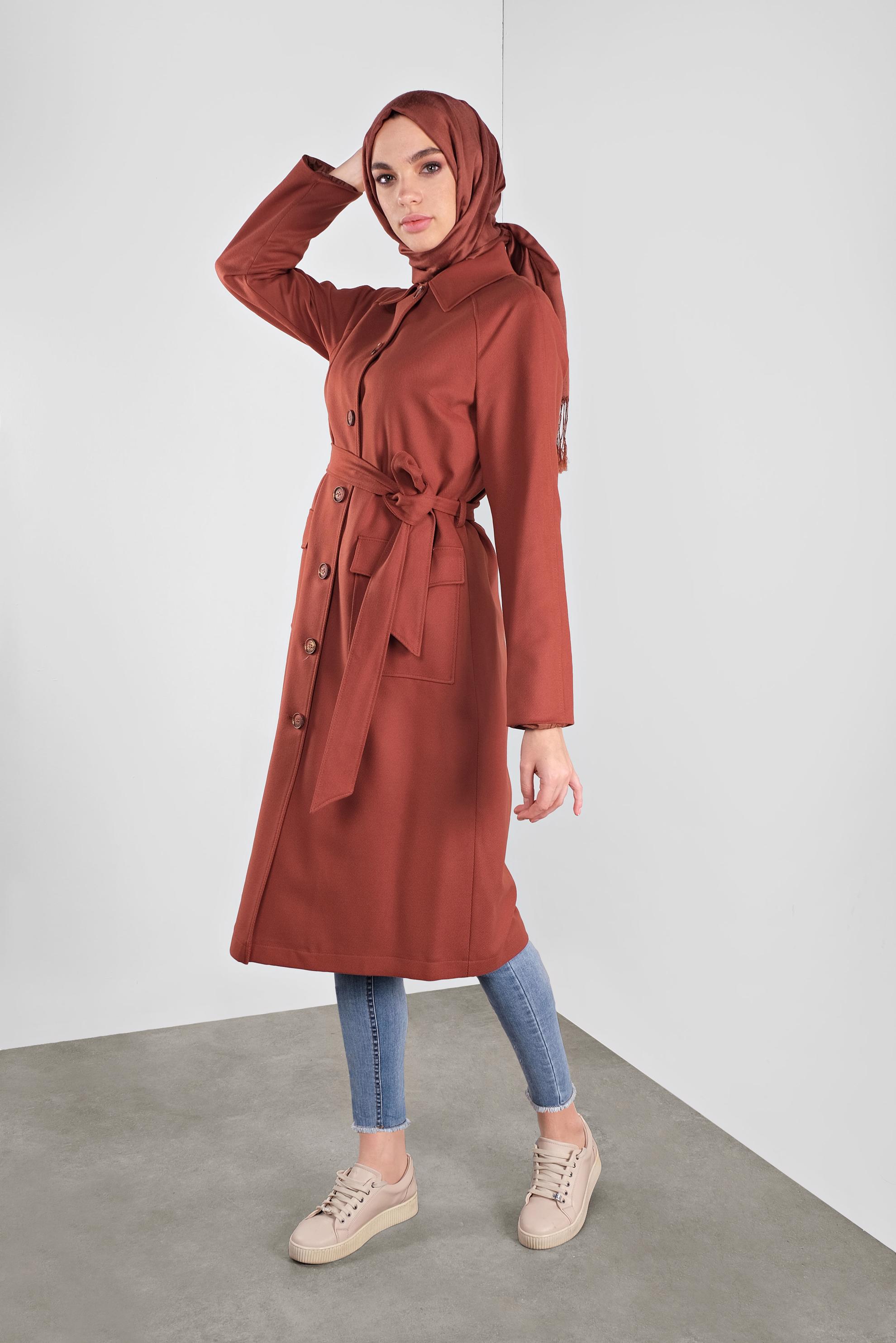 Tesettür giyim TURUNCU CEPLİ TRENÇKOT 10291 