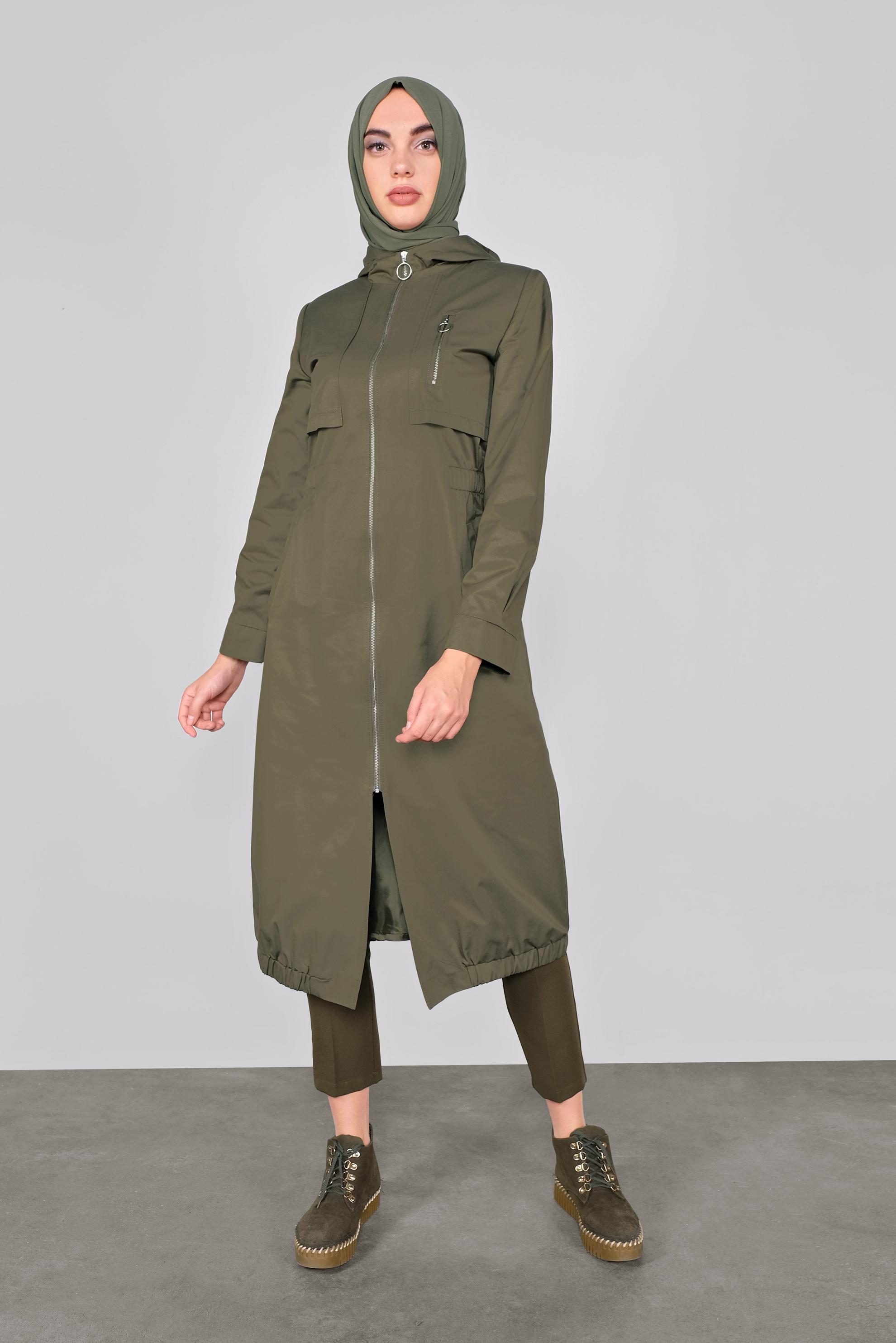 Tesettür giyim HAKİ KAPÜŞONLU FERMUARLI TRENÇKOT 10292 