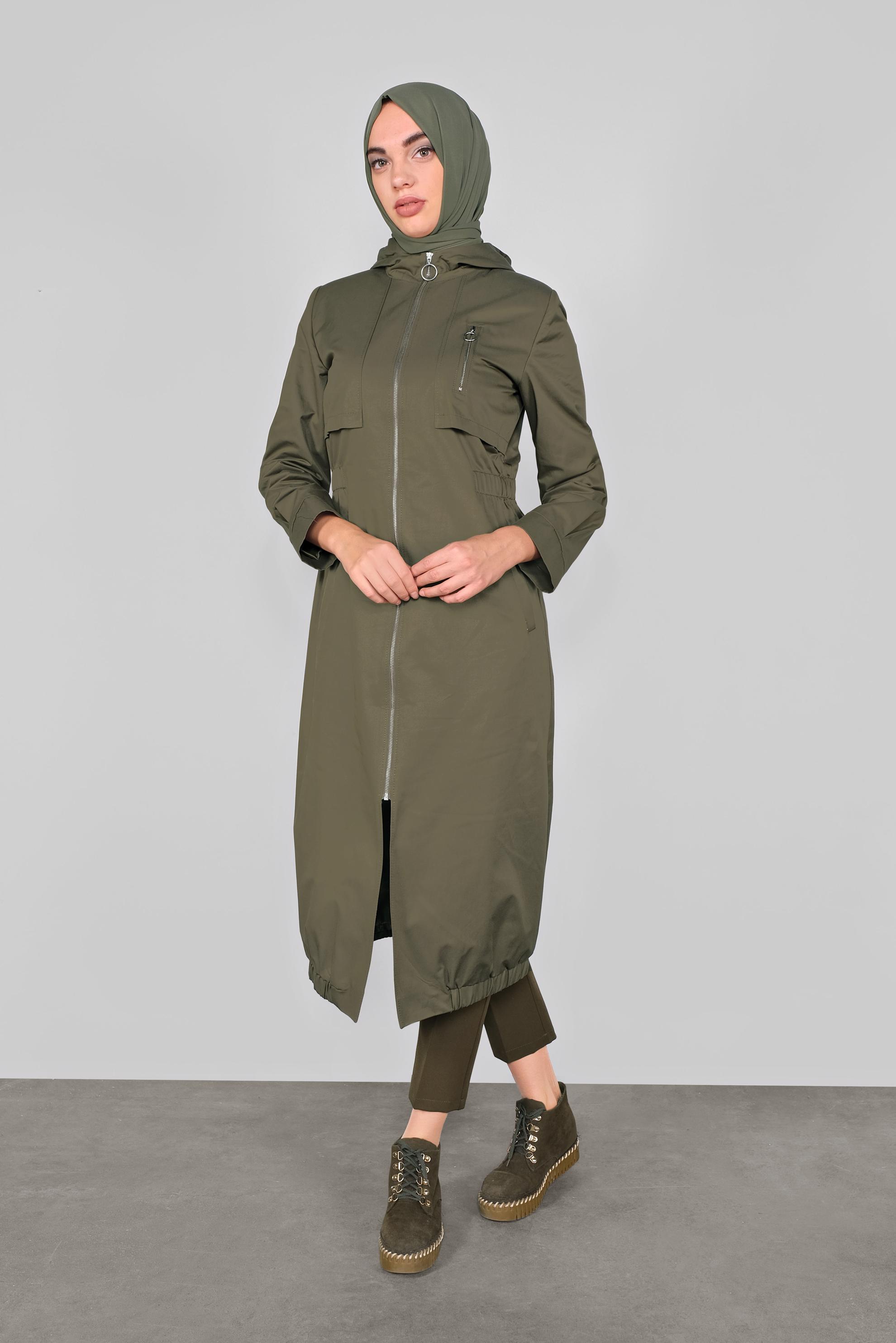 Tesettür giyim HAKİ KAPÜŞONLU FERMUARLI TRENÇKOT 10292 