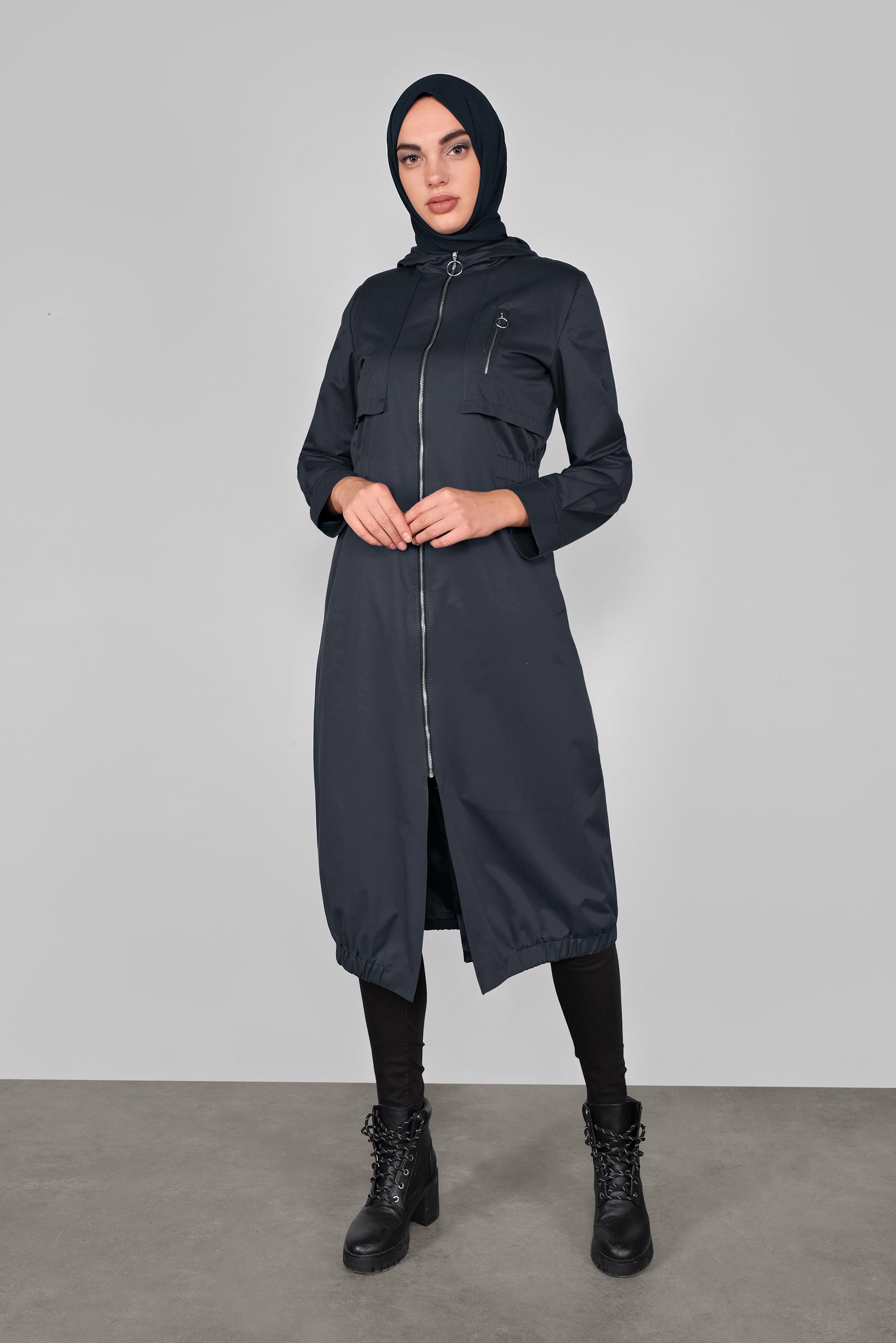 Tesettür giyim LACİVERT KAPÜŞONLU FERMUARLI TRENÇKOT 10292 