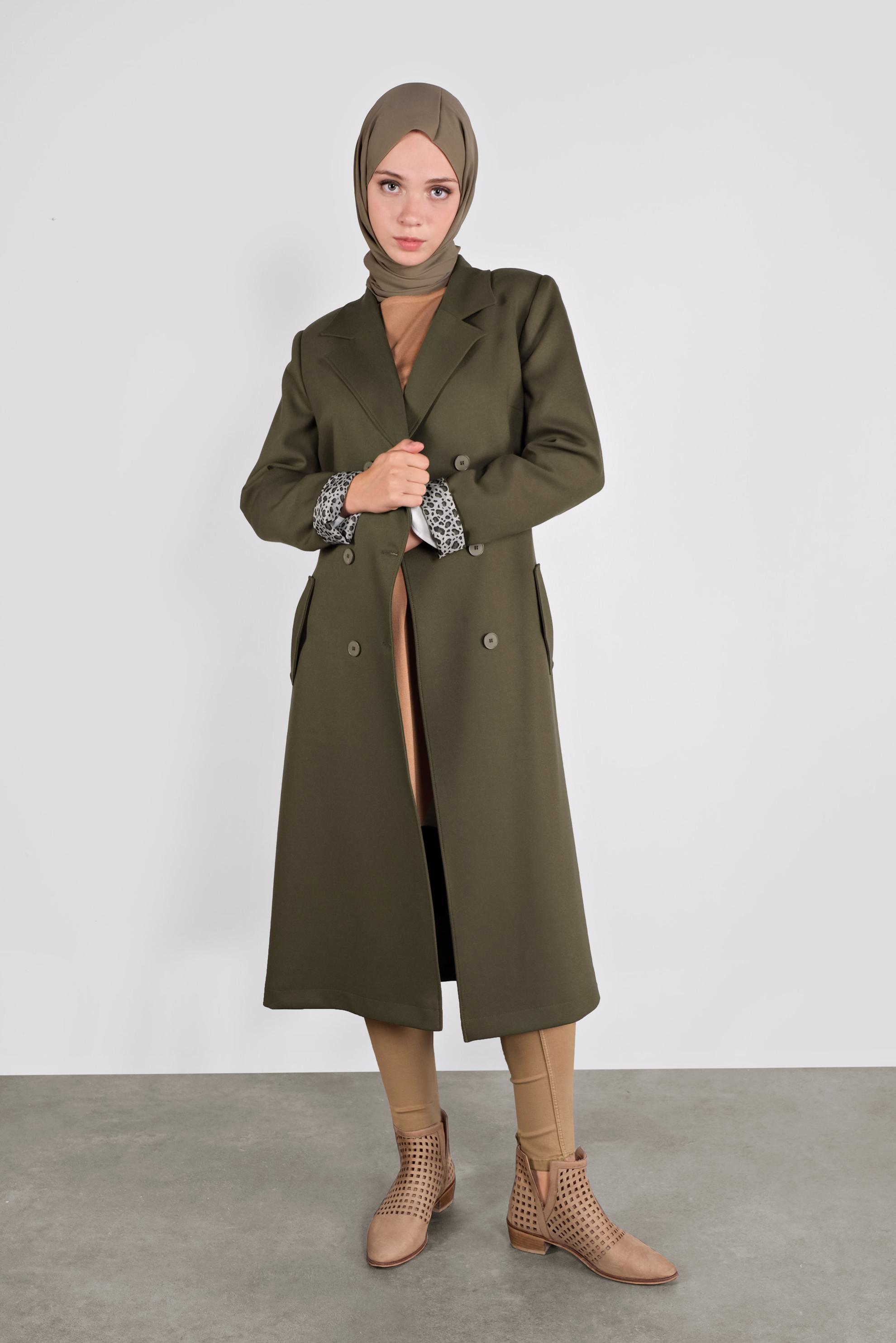 Tesettür giyim HAKİ KRUVAZE YAKA DÜĞMELİ TRENÇKOT 10293