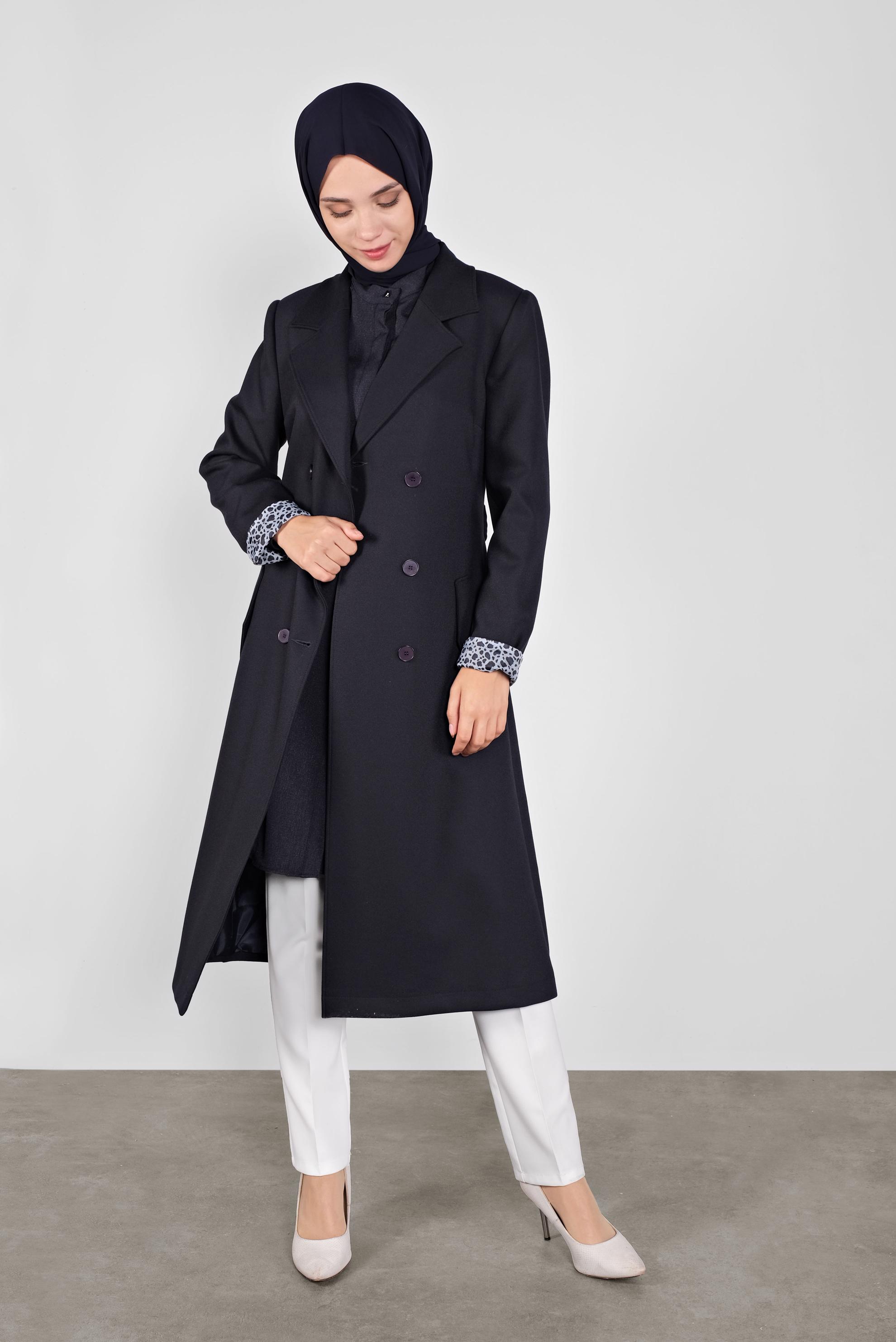 Tesettür giyim LACİVERT KRUVAZE YAKA DÜĞMELİ TRENÇKOT 10293