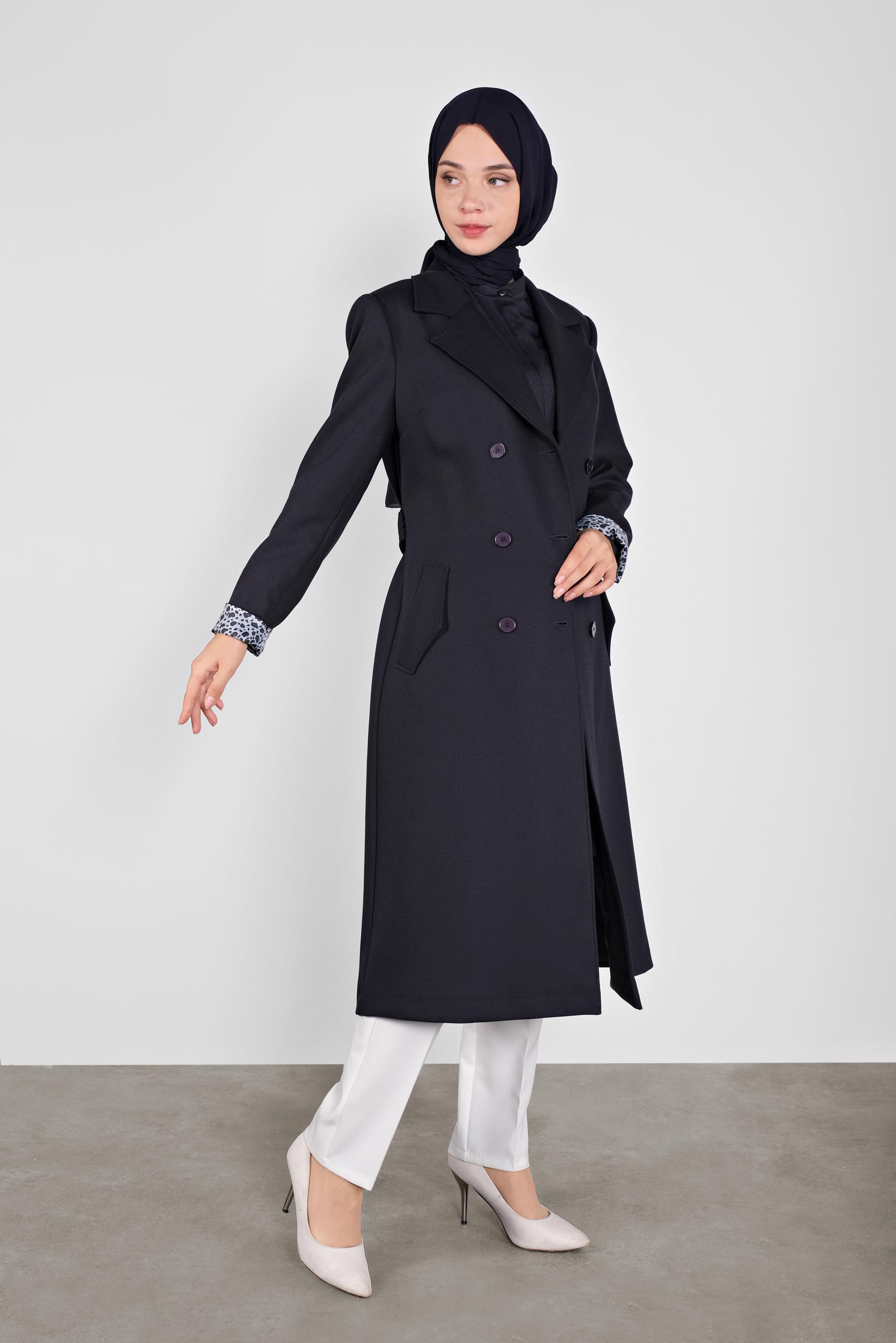 Tesettür giyim LACİVERT KRUVAZE YAKA DÜĞMELİ TRENÇKOT 10293