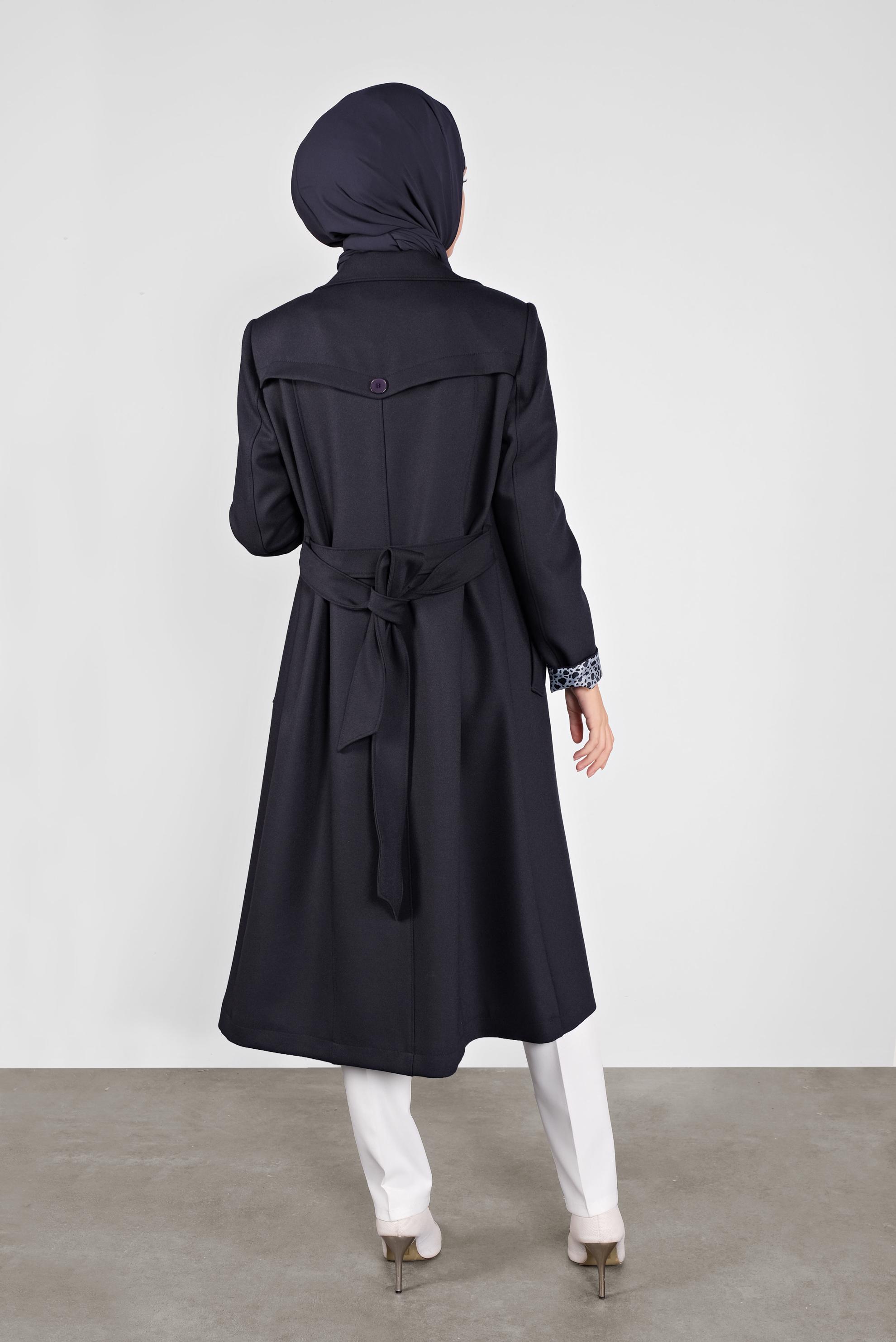 Tesettür giyim LACİVERT KRUVAZE YAKA DÜĞMELİ TRENÇKOT 10293