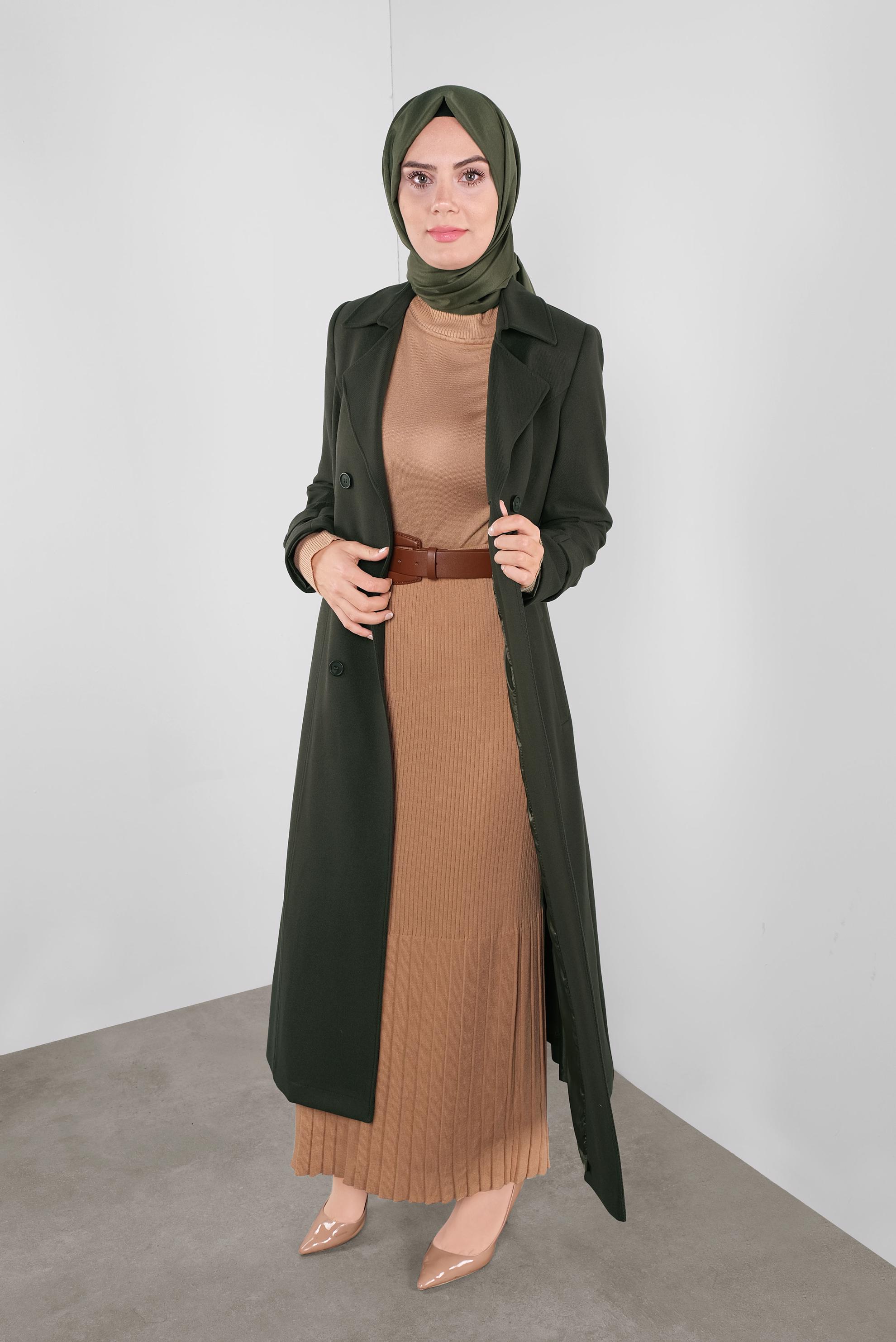Hijab clothing KHAKI BUTTONED DOUBLE-BREASTED TRENCH-COAT 10304 
