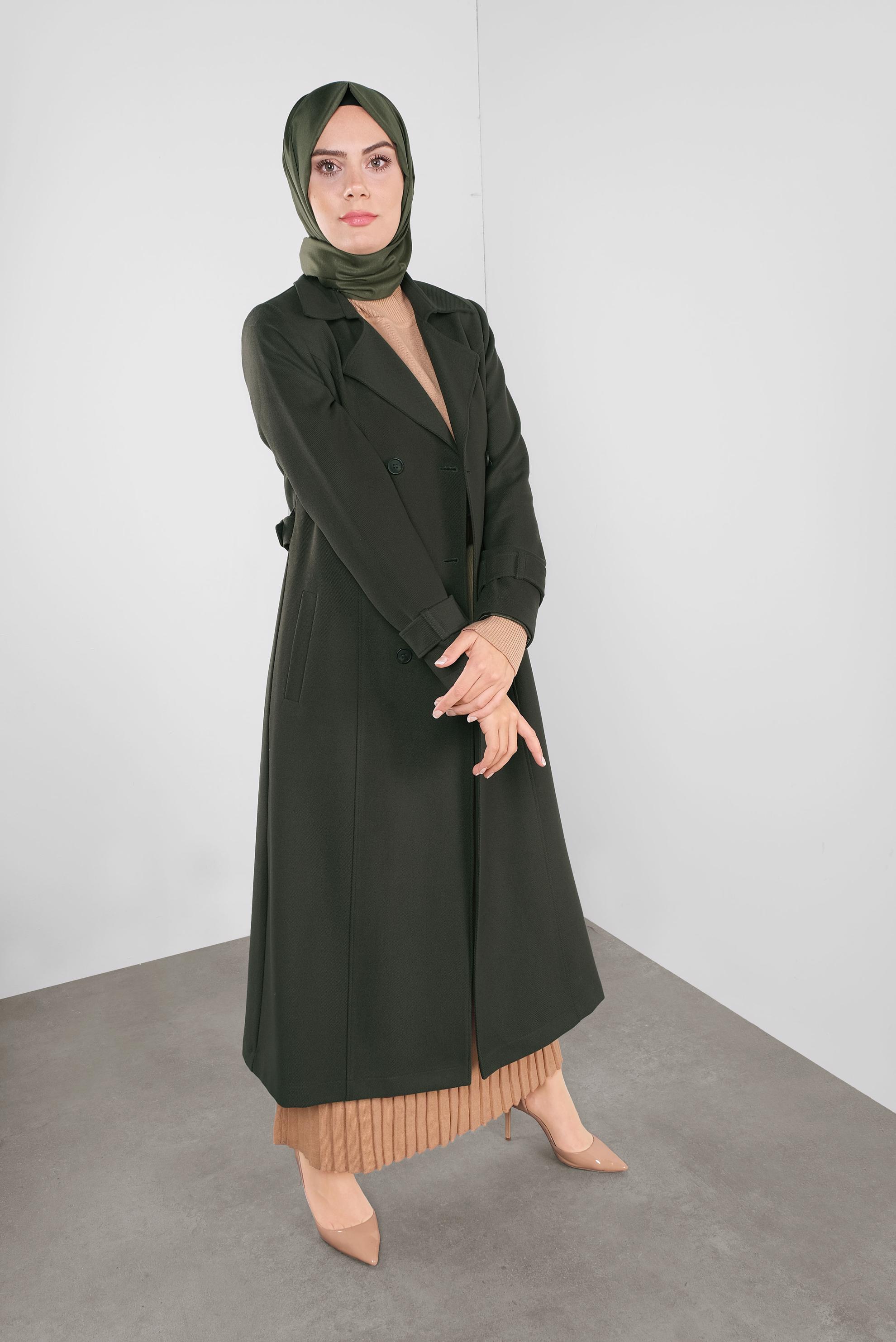 Hijab clothing KHAKI BUTTONED DOUBLE-BREASTED TRENCH-COAT 10304 