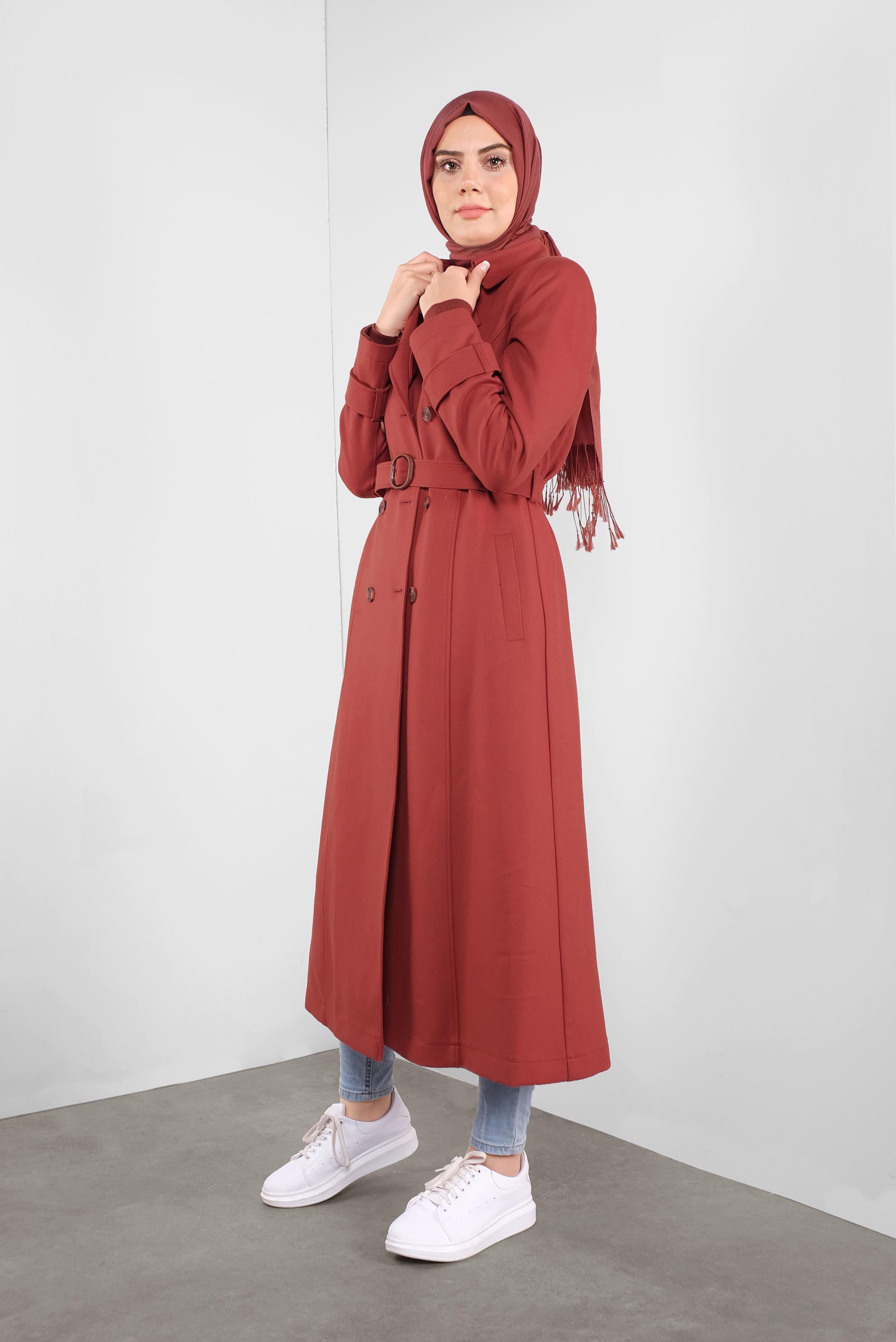 Tesettür giyim TURUNCU DÜĞMELİ KRUVAZE YAKA TRENÇKOT 10304 