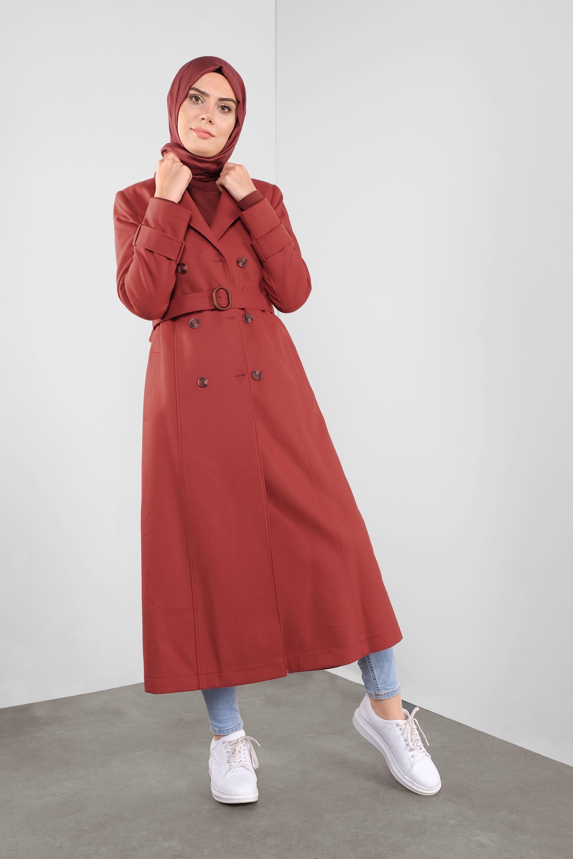 Tesettür giyim TURUNCU DÜĞMELİ KRUVAZE YAKA TRENÇKOT 10304 