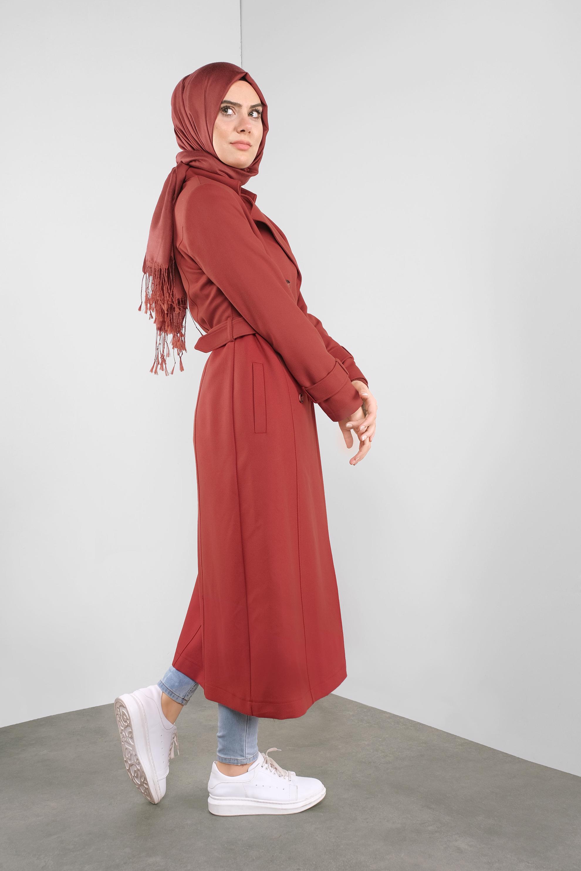 Tesettür giyim TURUNCU DÜĞMELİ KRUVAZE YAKA TRENÇKOT 10304 