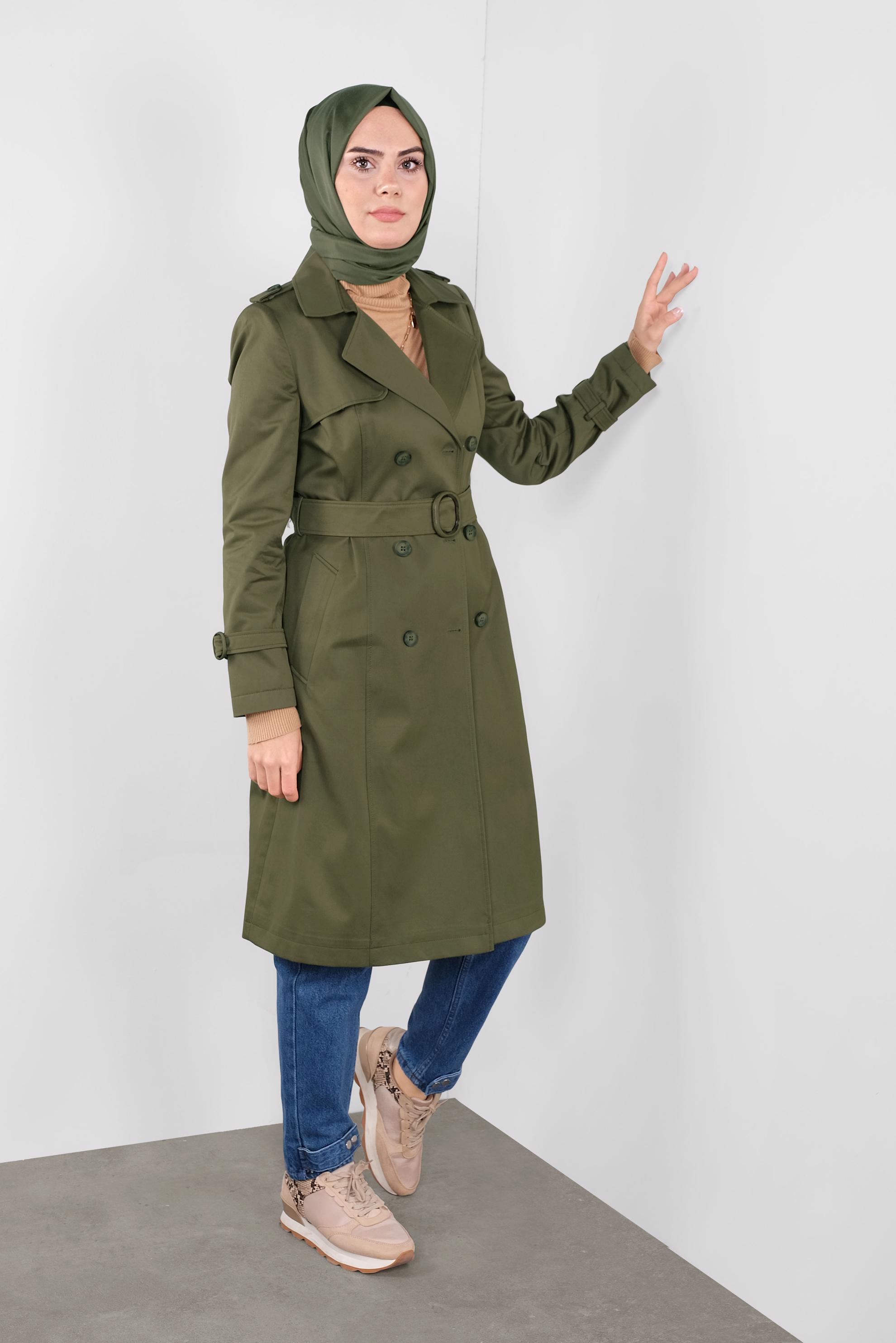 Tesettür giyim HAKİ DÜĞMELİ KRUVAZE YAKA TRENÇKOT 10306 