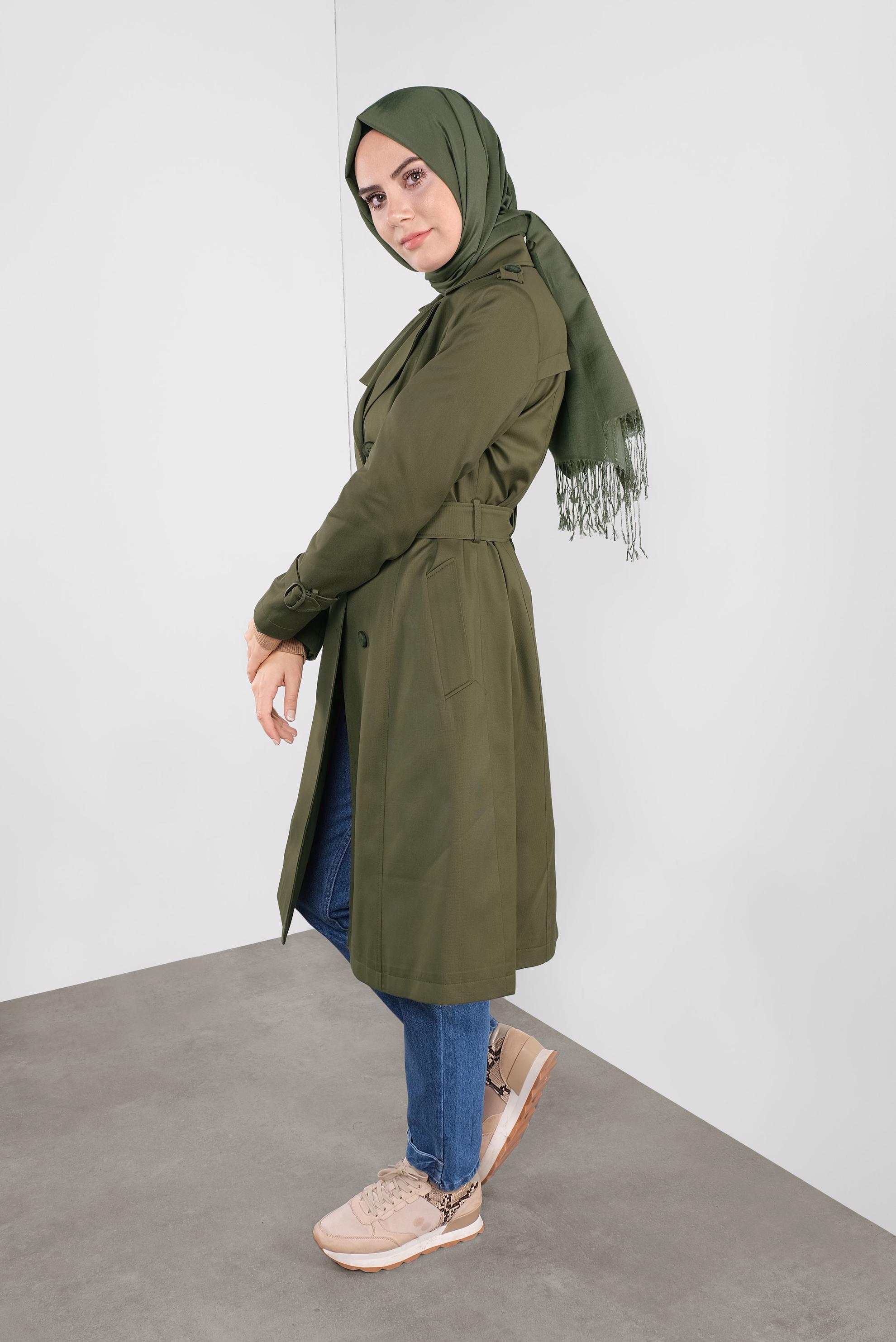 Tesettür giyim HAKİ DÜĞMELİ KRUVAZE YAKA TRENÇKOT 10306 