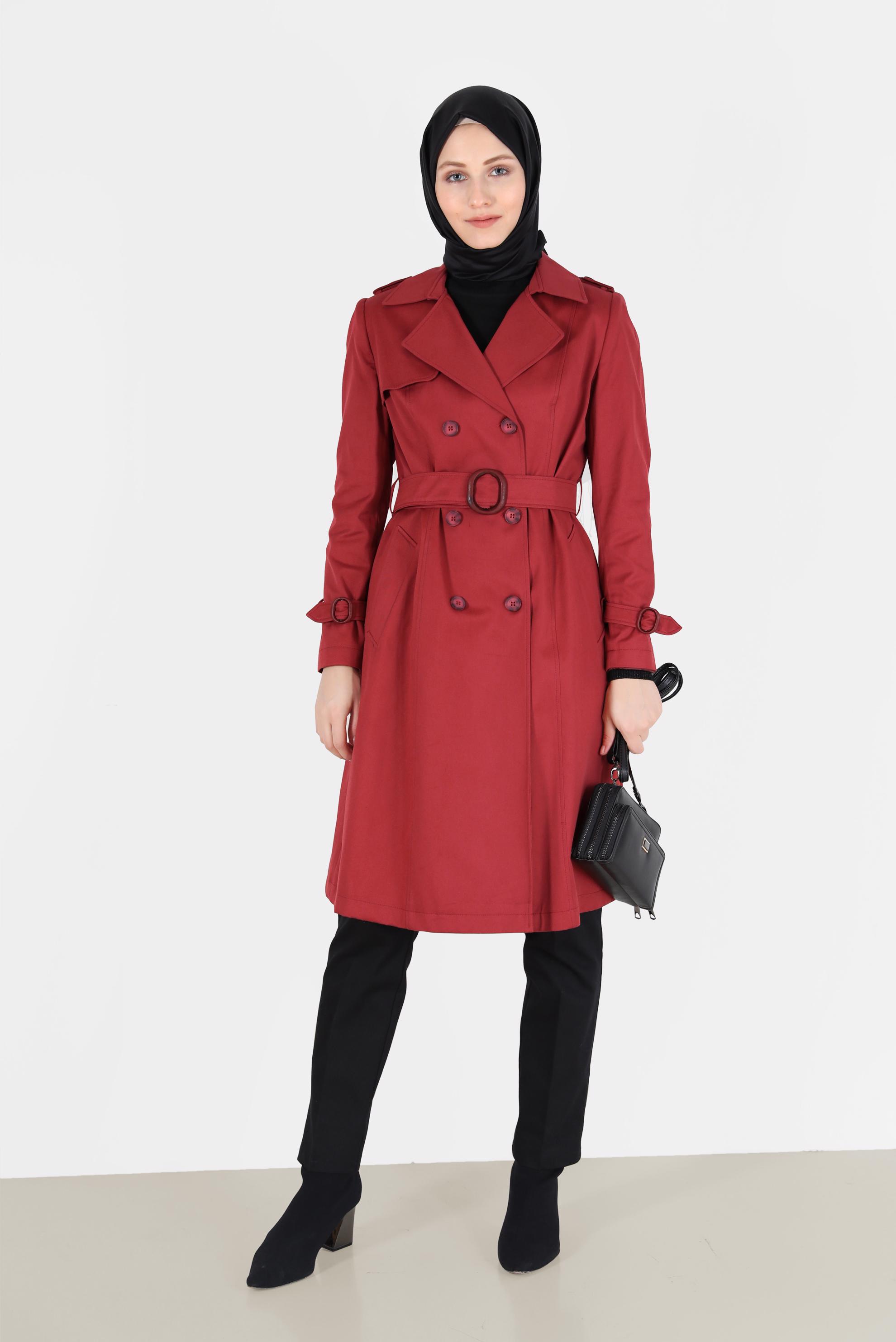 Tesettür giyim TURUNCU DÜĞMELİ KRUVAZE YAKA TRENÇKOT 10306 