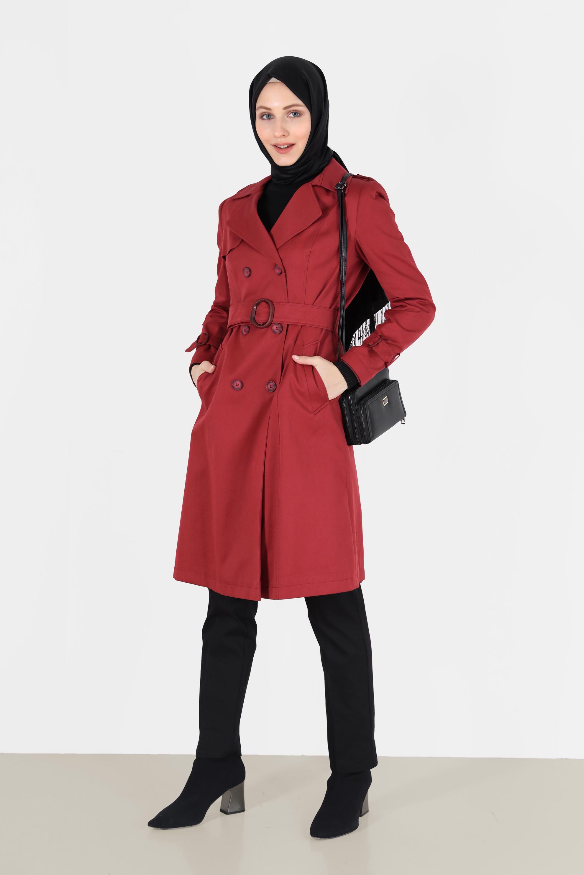 Tesettür giyim TURUNCU DÜĞMELİ KRUVAZE YAKA TRENÇKOT 10306 