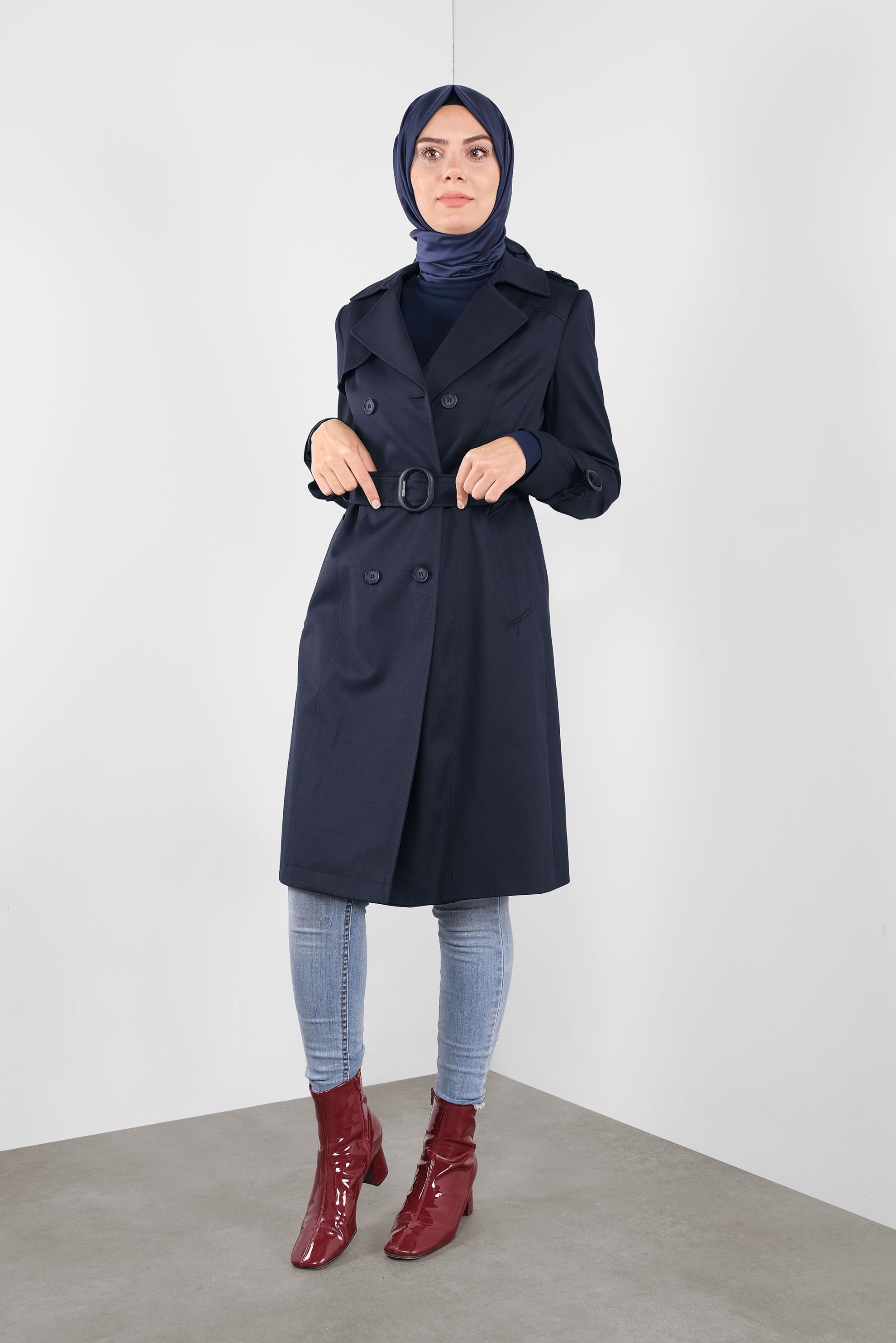 Tesettür giyim LACİVERT DÜĞMELİ KRUVAZE YAKA TRENÇKOT 10306 