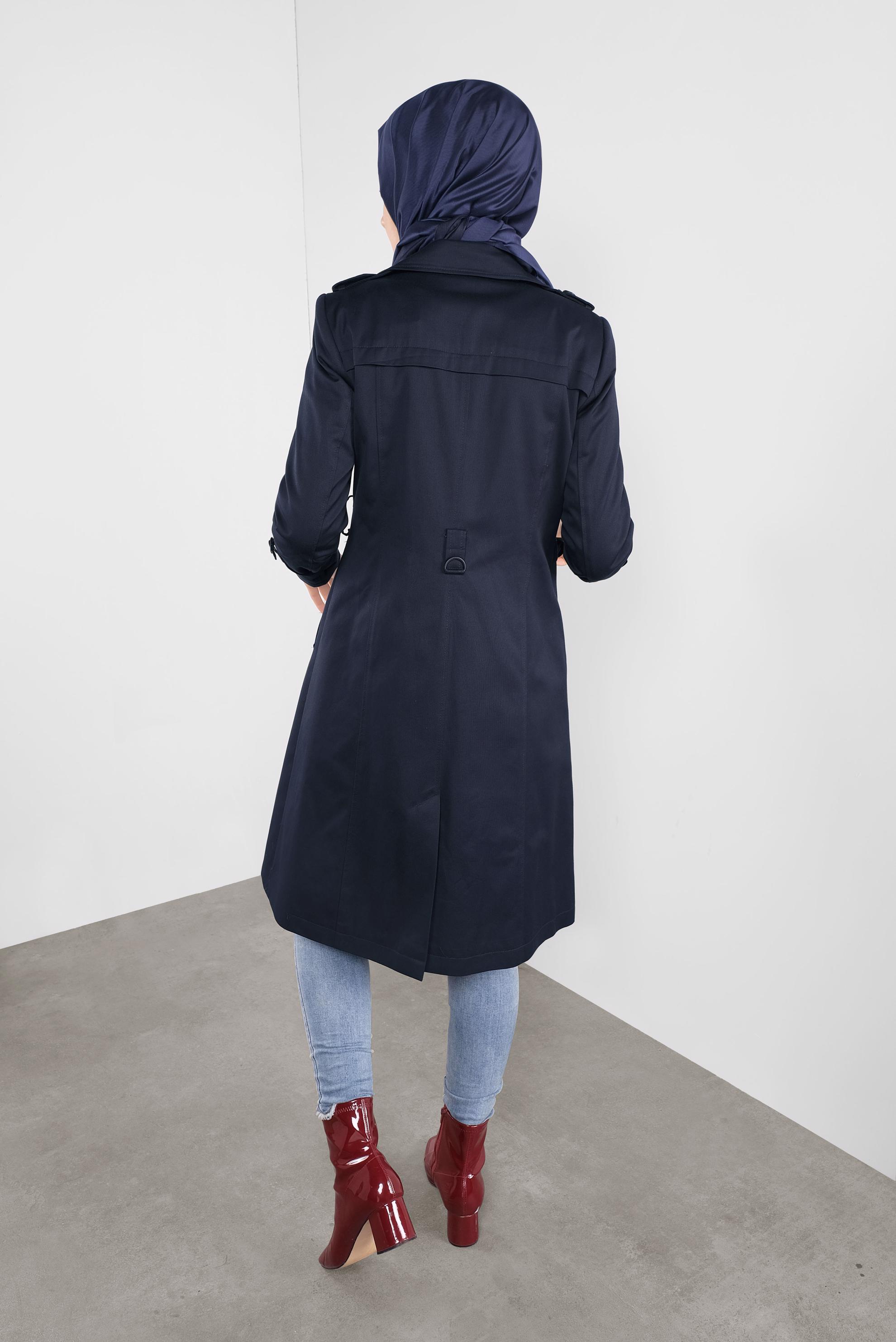 Tesettür giyim LACİVERT DÜĞMELİ KRUVAZE YAKA TRENÇKOT 10306 