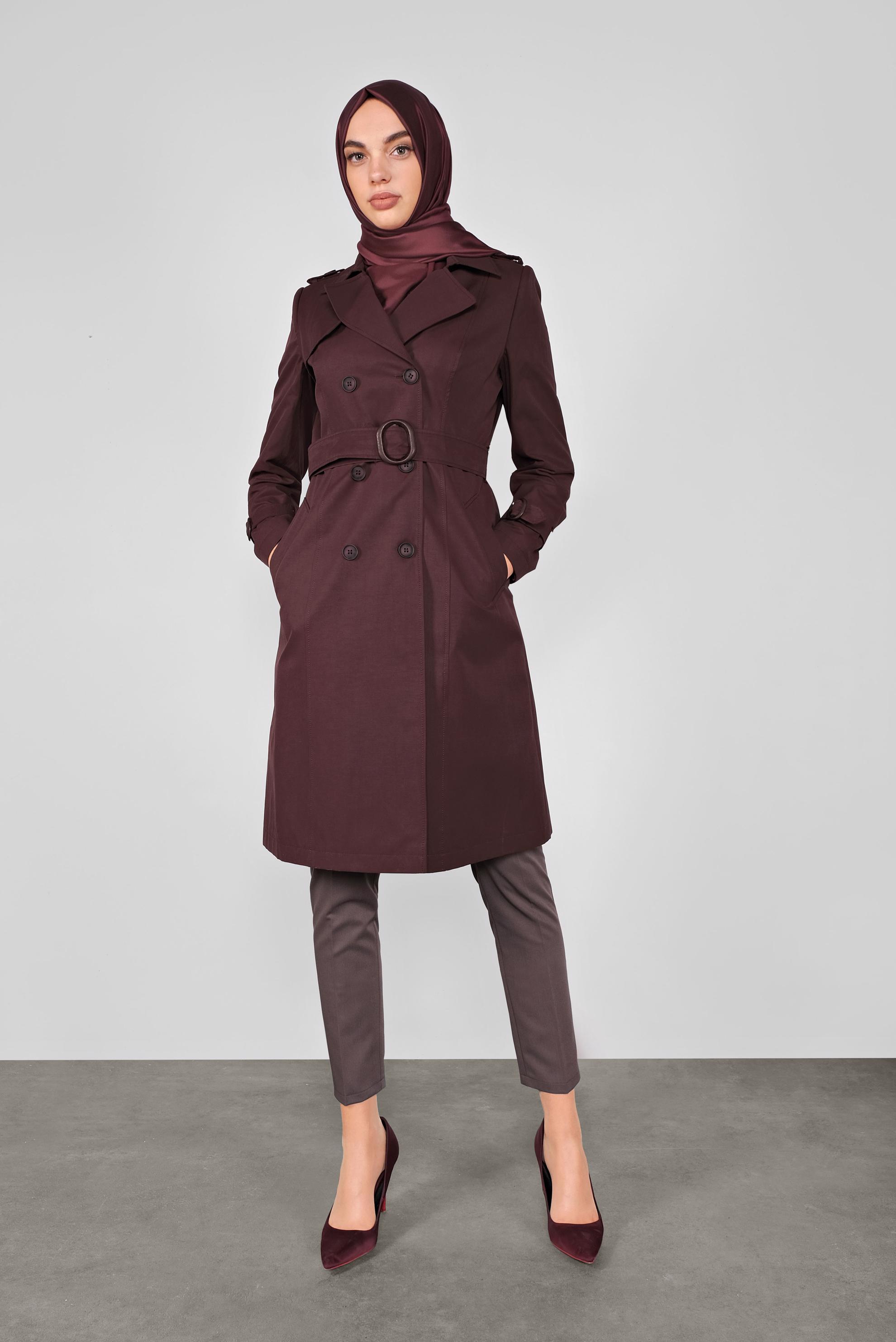 Tesettür giyim MÜRDÜM DÜĞMELİ KRUVAZE YAKA TRENÇKOT 10306 