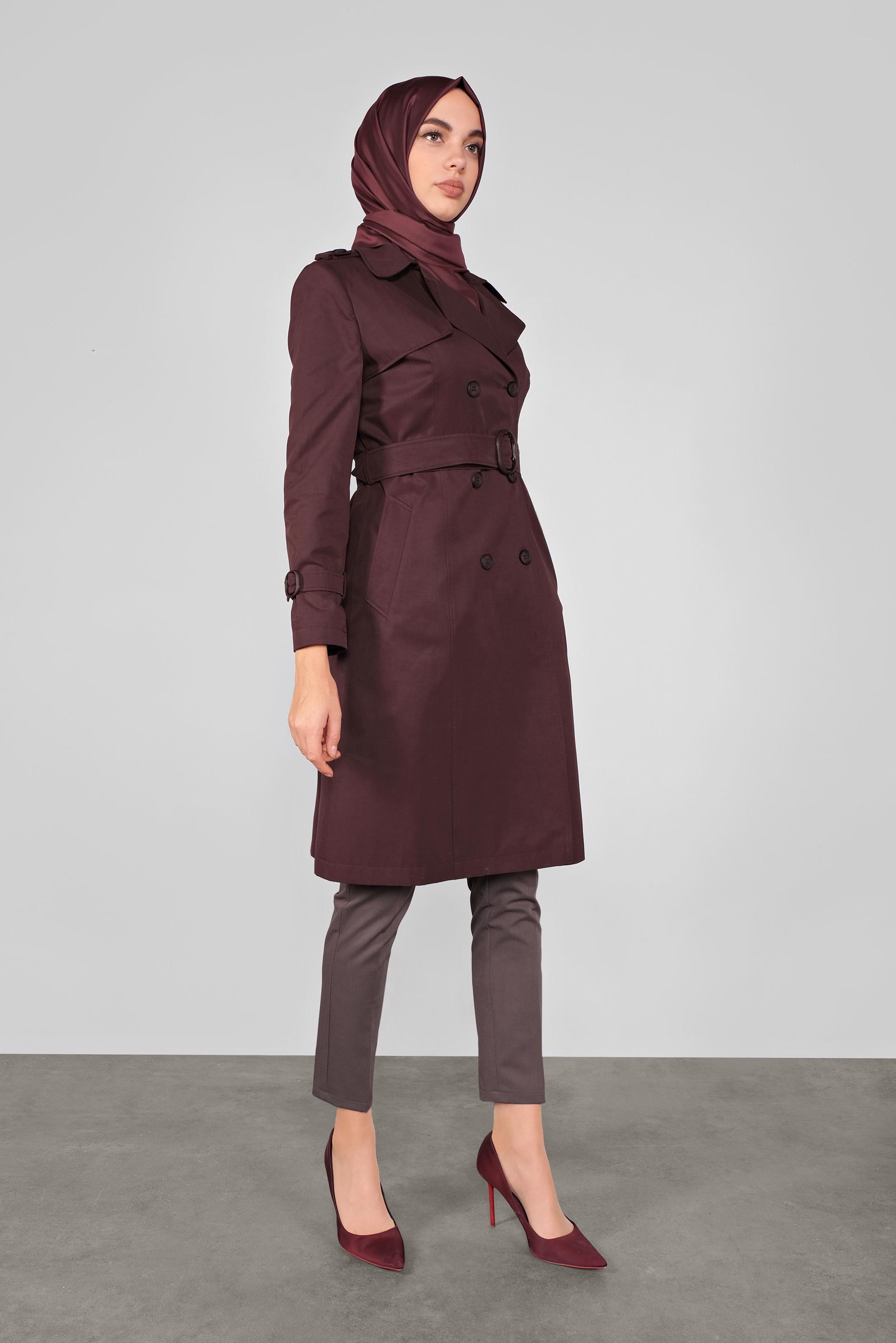 Tesettür giyim MÜRDÜM DÜĞMELİ KRUVAZE YAKA TRENÇKOT 10306 