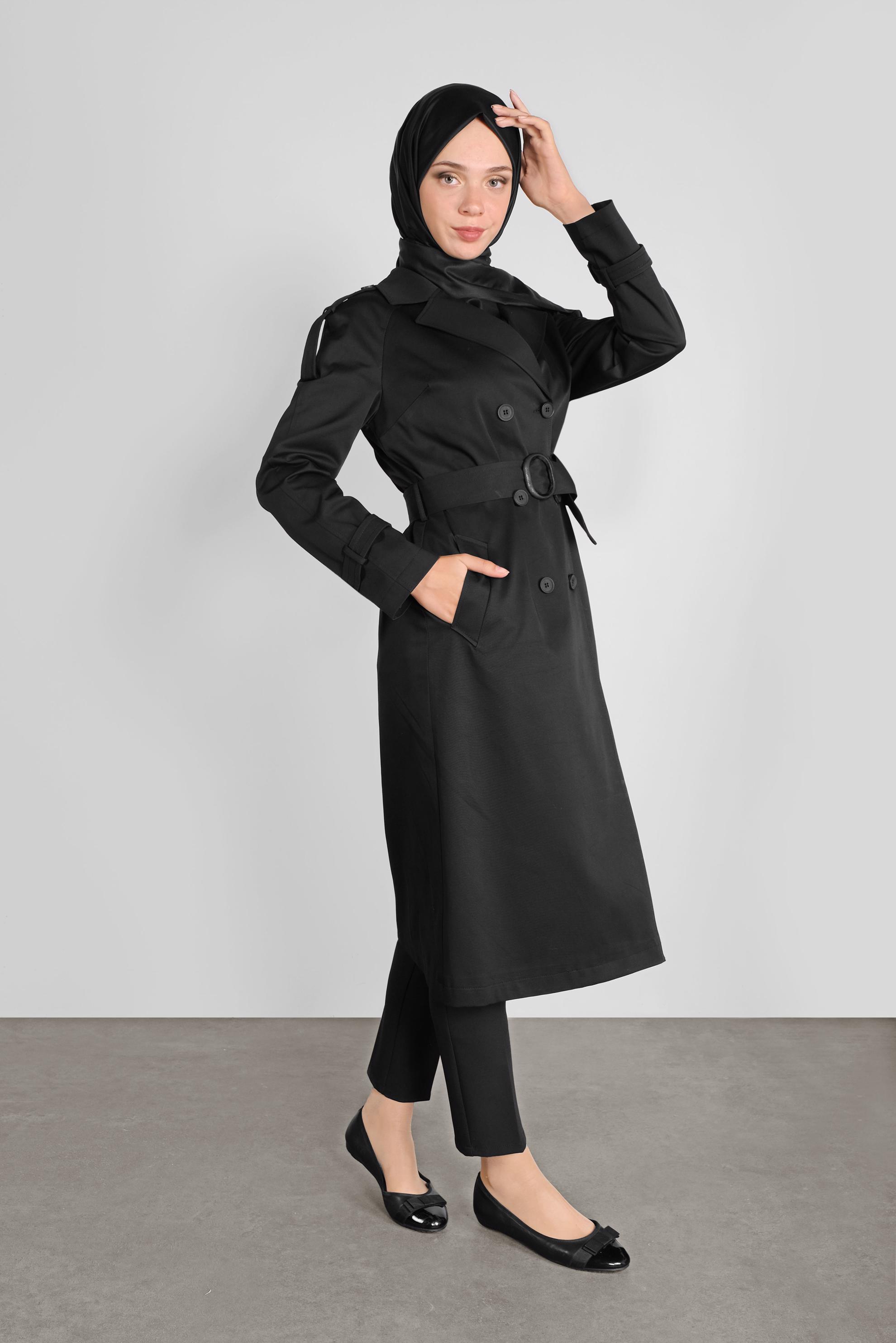Tesettür giyim SİYAH KRUVAZE TRENÇKOT 10307