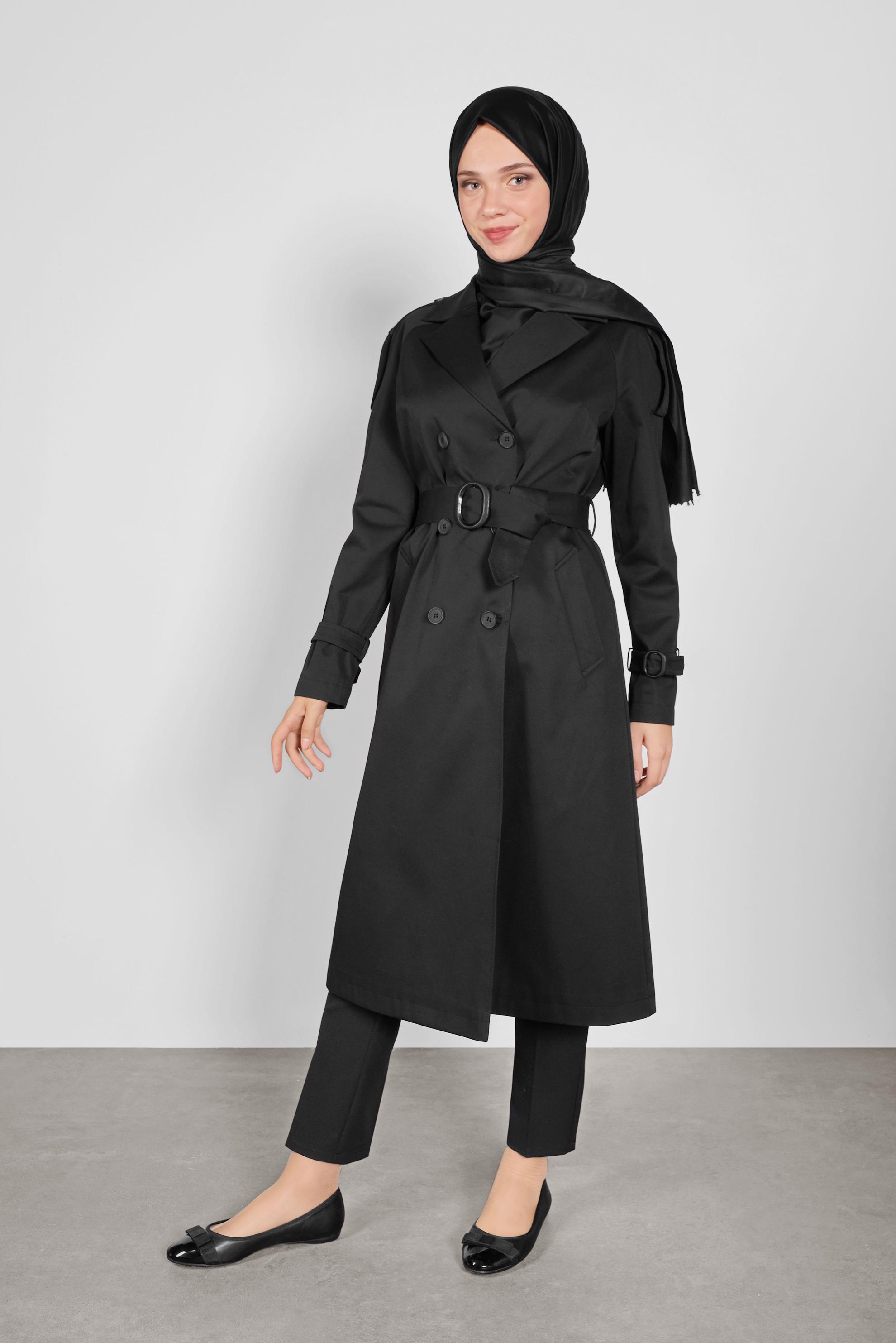 Tesettür giyim SİYAH KRUVAZE TRENÇKOT 10307