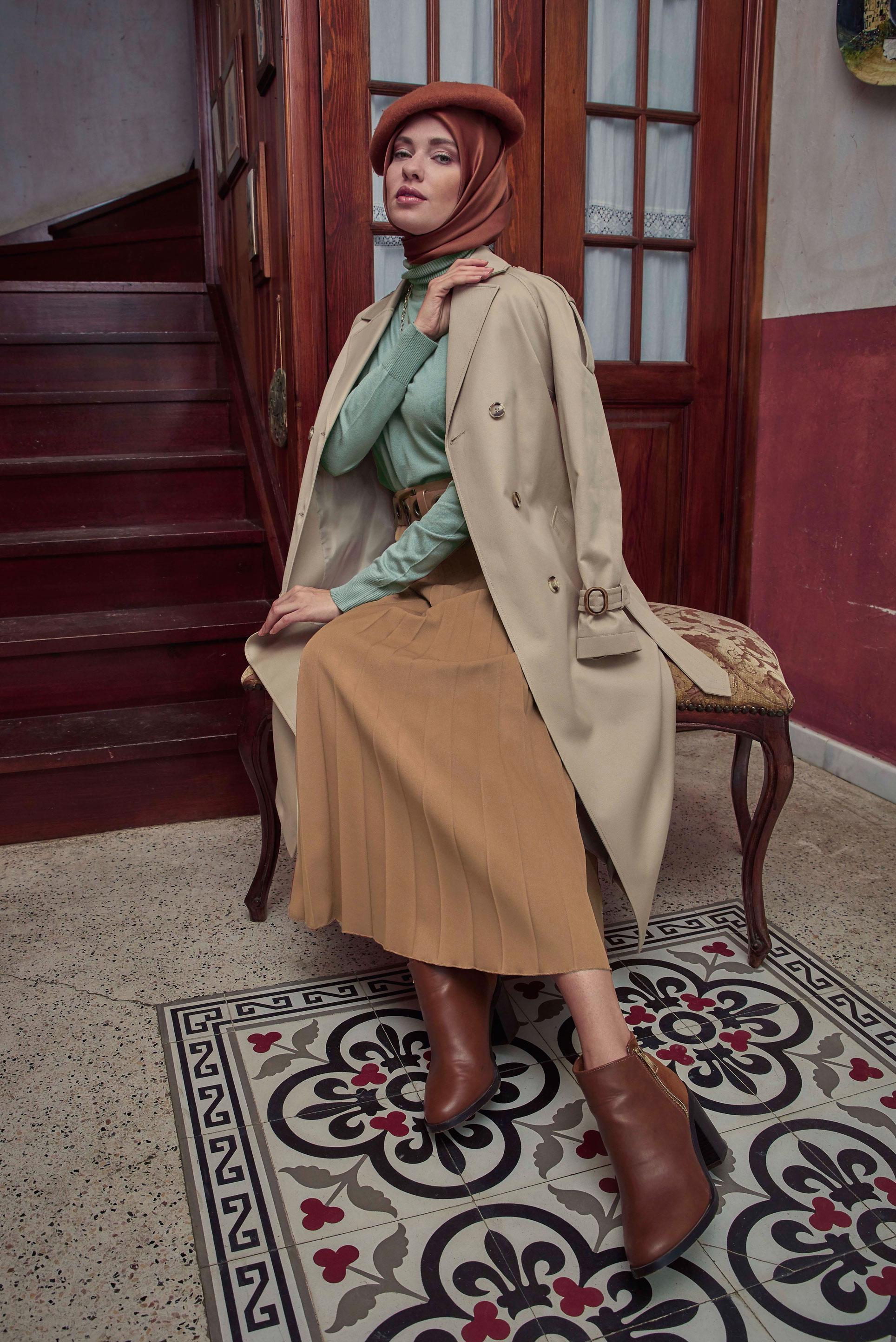 Tesettür giyim BEJ KRUVAZE TRENÇKOT 10307