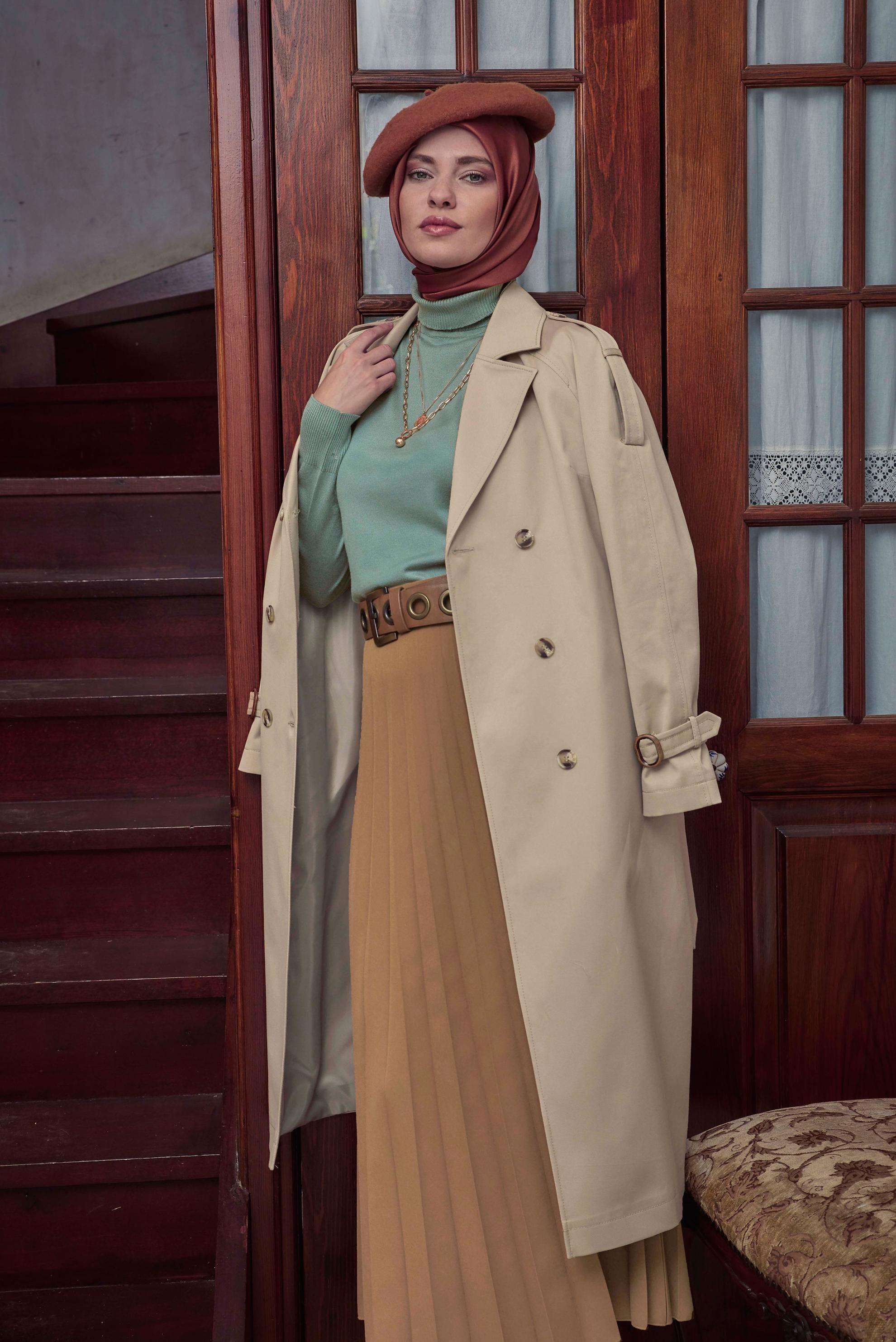 Tesettür giyim BEJ KRUVAZE TRENÇKOT 10307