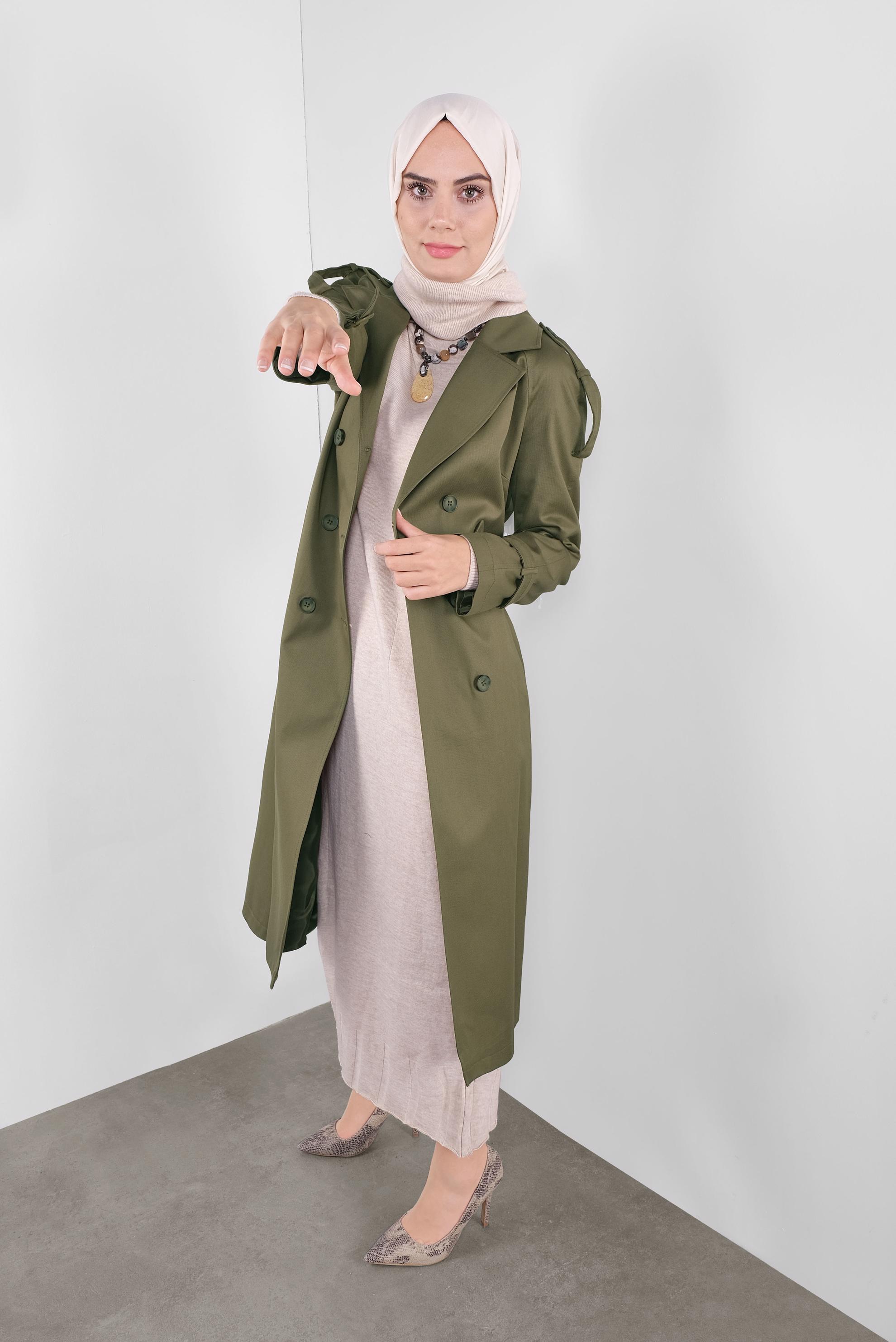 Tesettür giyim HAKİ KRUVAZE TRENÇKOT 10307