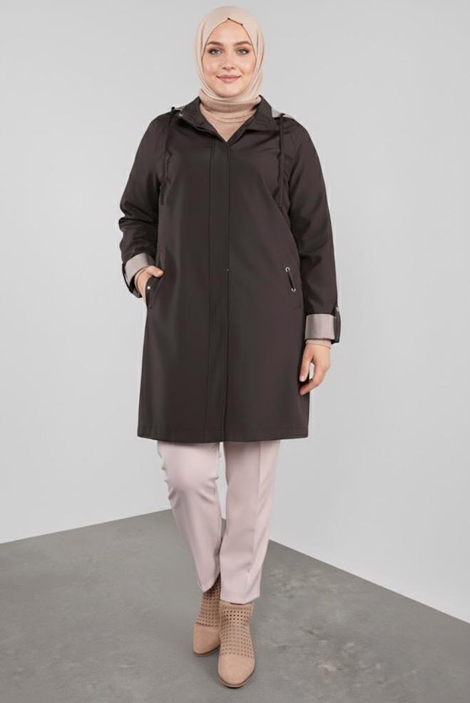Tesettür giyim KAHVE KAPÜŞONLU BÜYÜK BEDEN TRENÇKOT 10314  - ALVİNA
