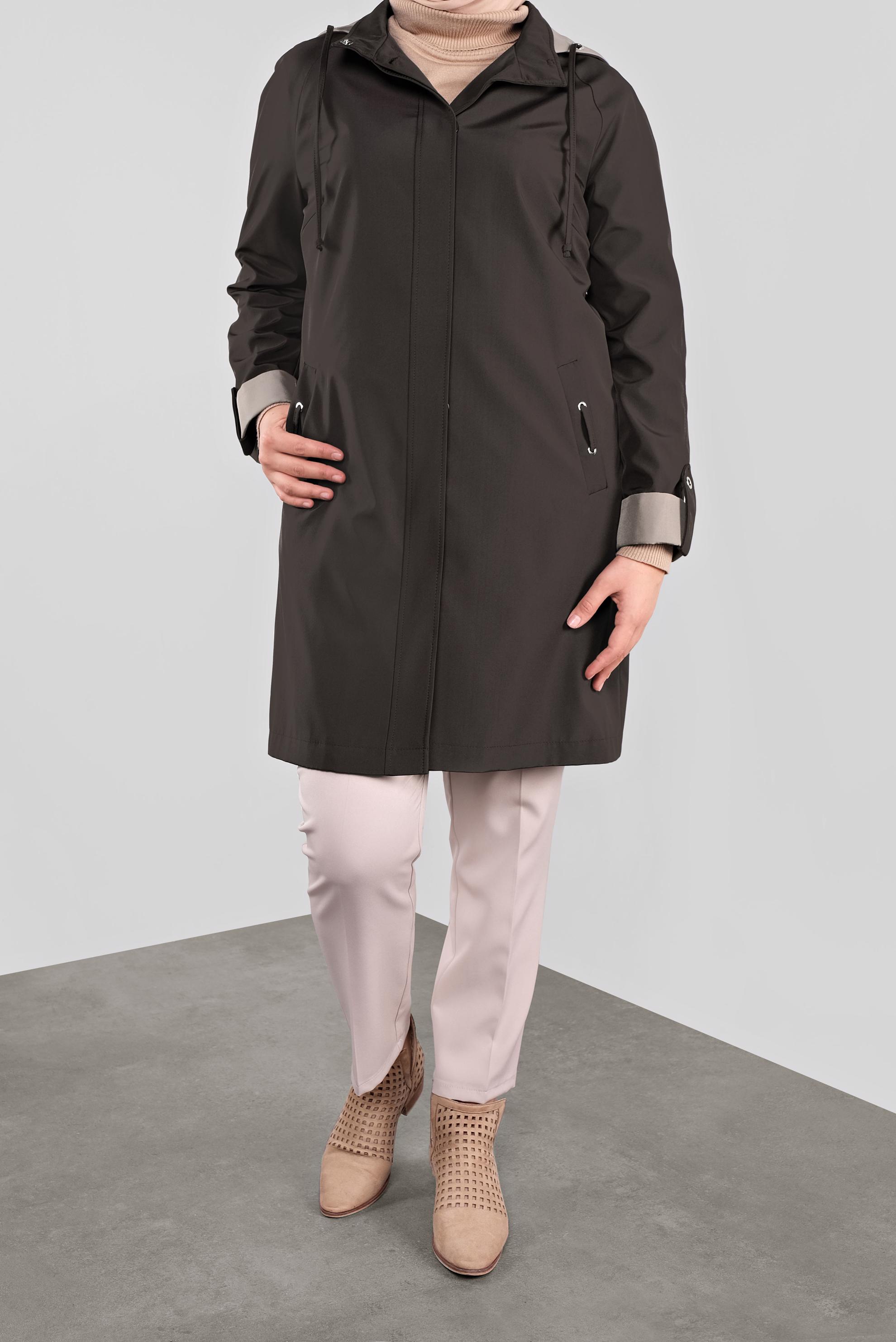 Tesettür giyim KAHVE KAPÜŞONLU BÜYÜK BEDEN TRENÇKOT 10314 