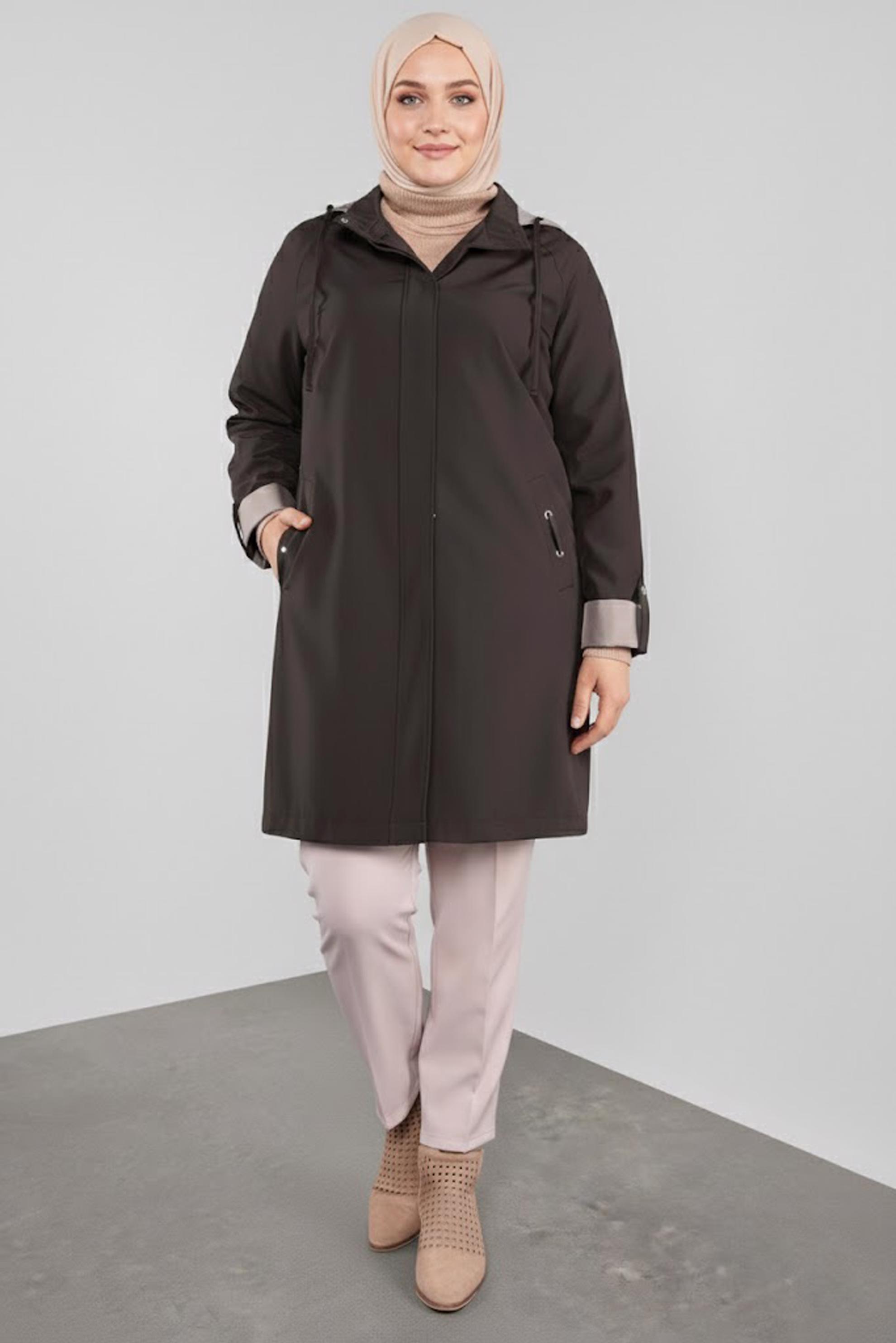 Tesettür giyim KAHVE KAPÜŞONLU BÜYÜK BEDEN TRENÇKOT 10314 