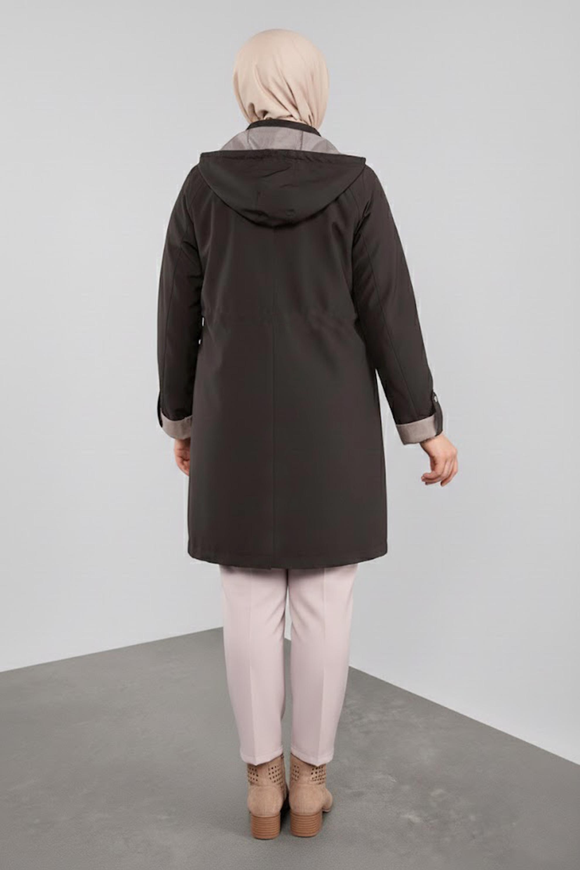 Tesettür giyim KAHVE KAPÜŞONLU BÜYÜK BEDEN TRENÇKOT 10314 