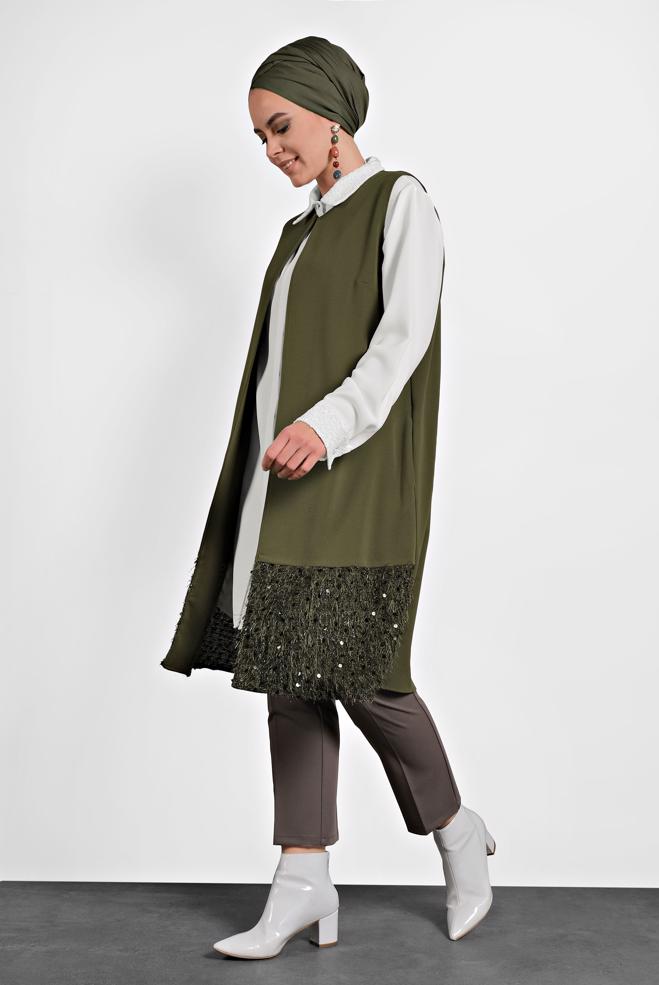 Vêtements hijab KAKI GILET À COL ROND À SEQUINS 20010 - ALVİNA