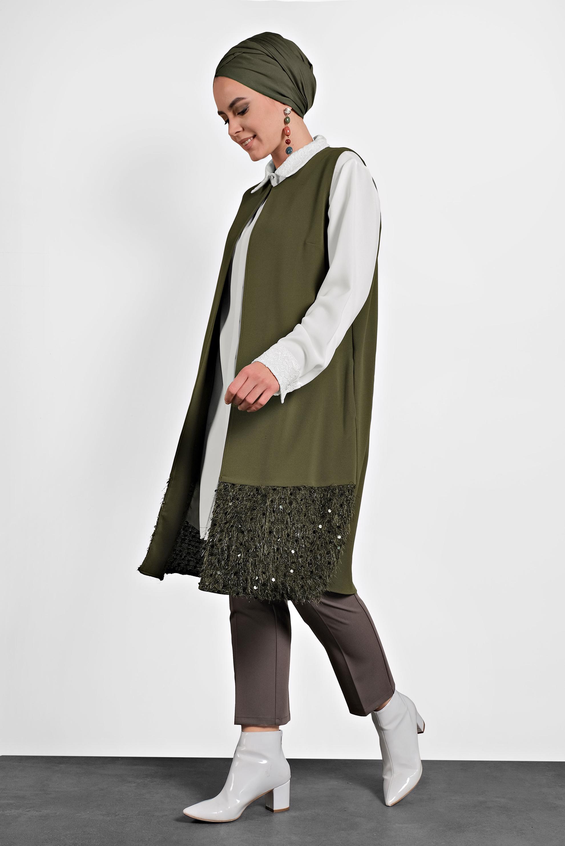 Vêtements hijab KAKI GILET À COL ROND À SEQUINS 20010