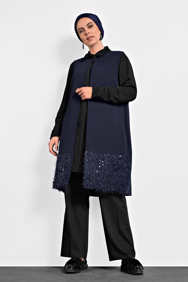 Vêtements hijab BLEU MARINE GILET À COL ROND À SEQUINS 20010 - ALVİNA