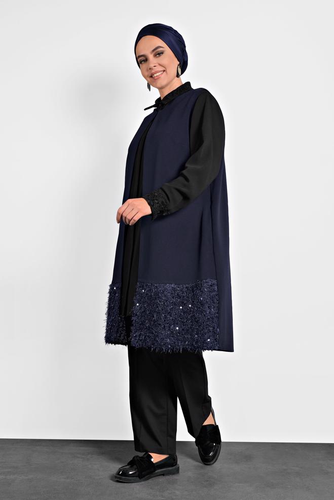 Vêtements hijab BLEU MARINE GILET À COL ROND À SEQUINS 20010 - ALVİNA