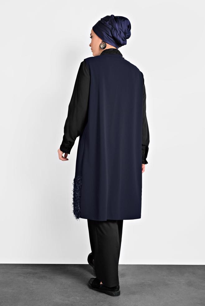 Vêtements hijab BLEU MARINE GILET À COL ROND À SEQUINS 20010 - ALVİNA