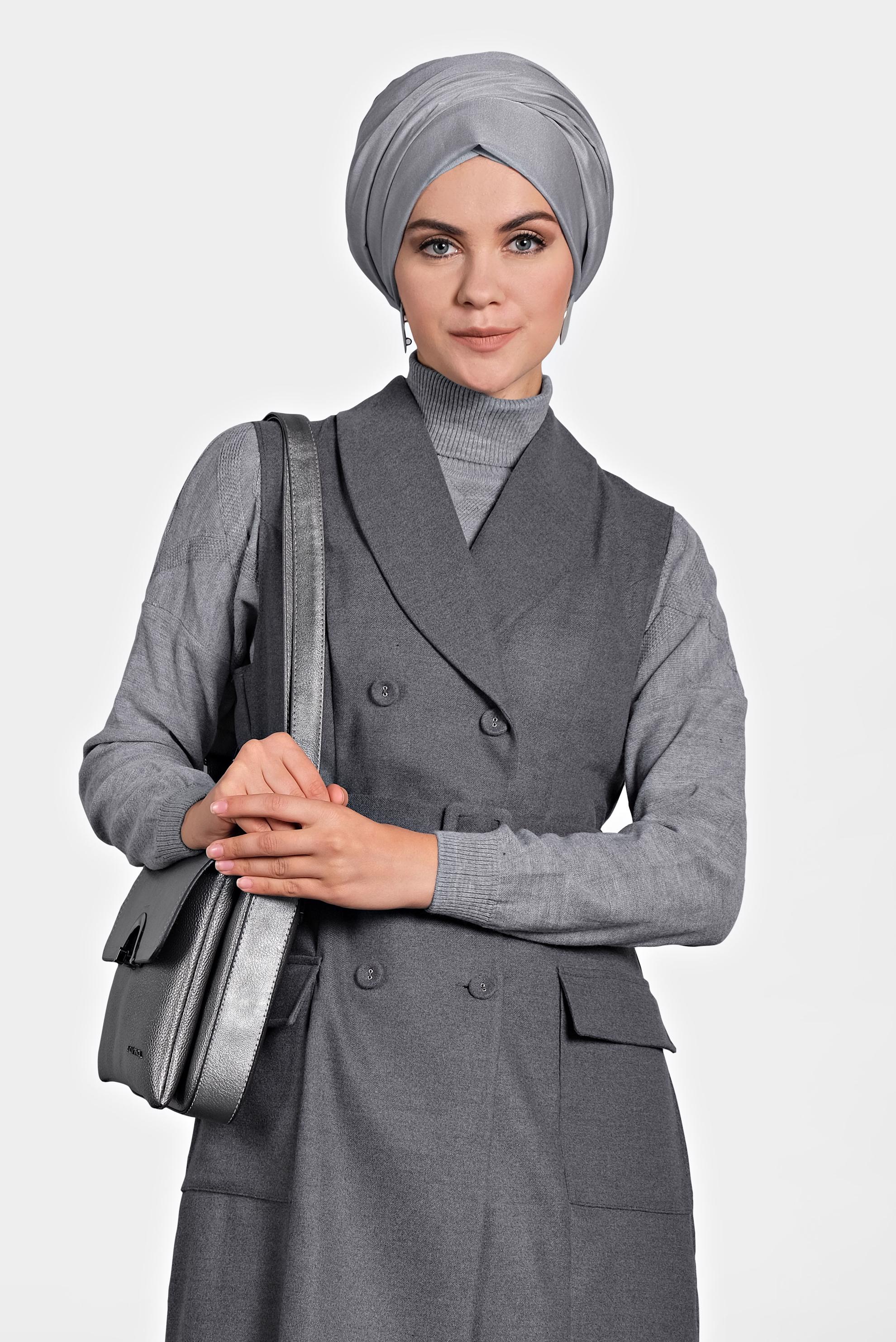 Tesettür giyim GRİ DÜĞMELİ KEMERLİ YELEK 40122 