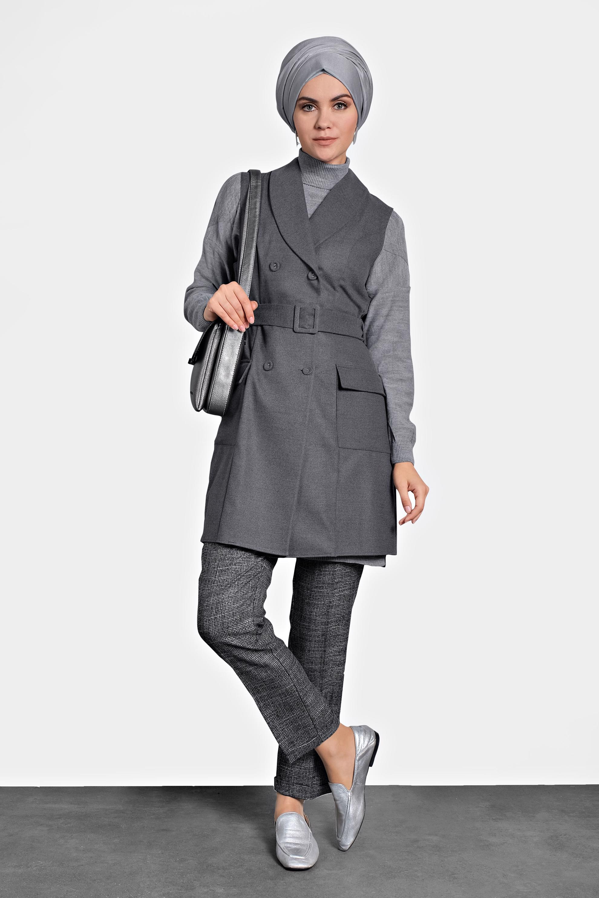 Tesettür giyim GRİ DÜĞMELİ KEMERLİ YELEK 40122 