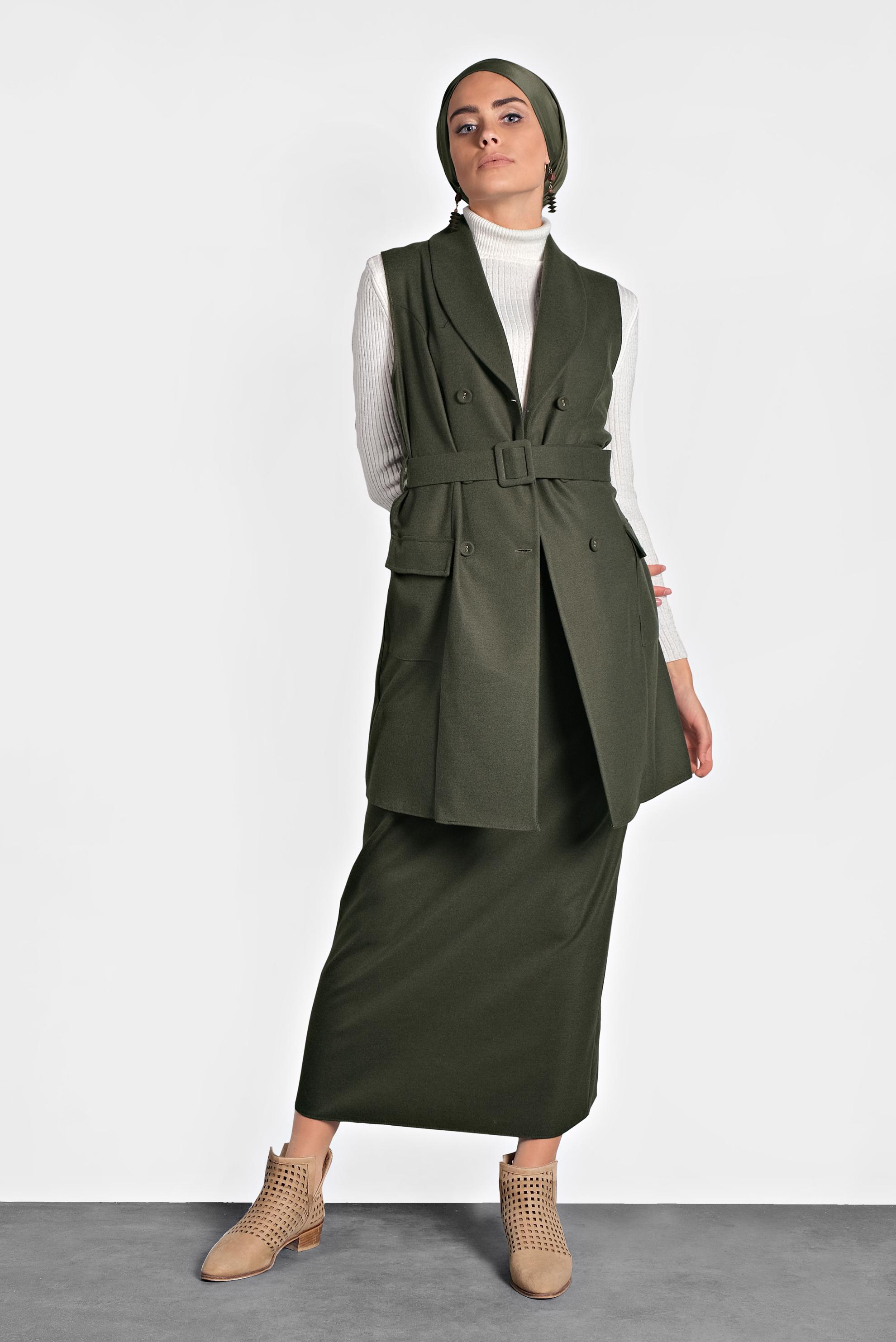 Tesettür giyim HAKİ DÜĞMELİ KEMERLİ YELEK 40122 