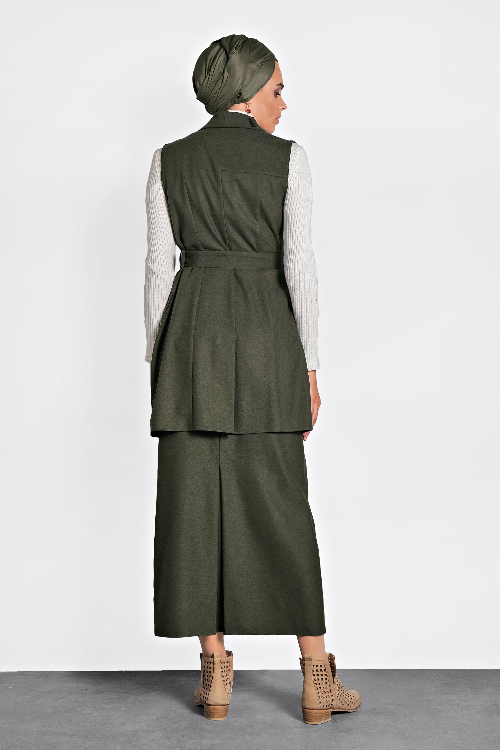 Tesettür giyim HAKİ DÜĞMELİ KEMERLİ YELEK 40122 