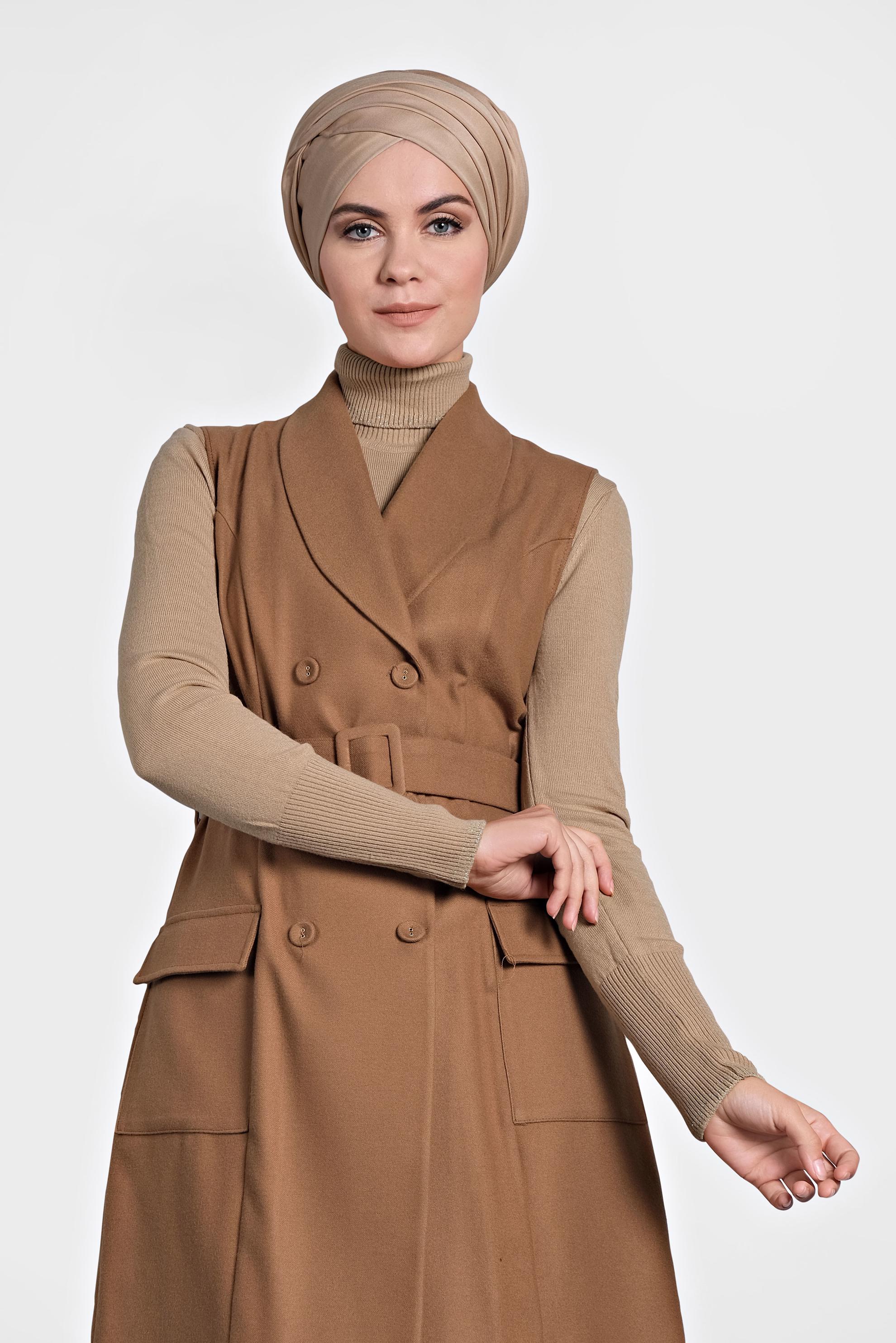 Tesettür giyim PEMBE DÜĞMELİ KEMERLİ YELEK 40122 