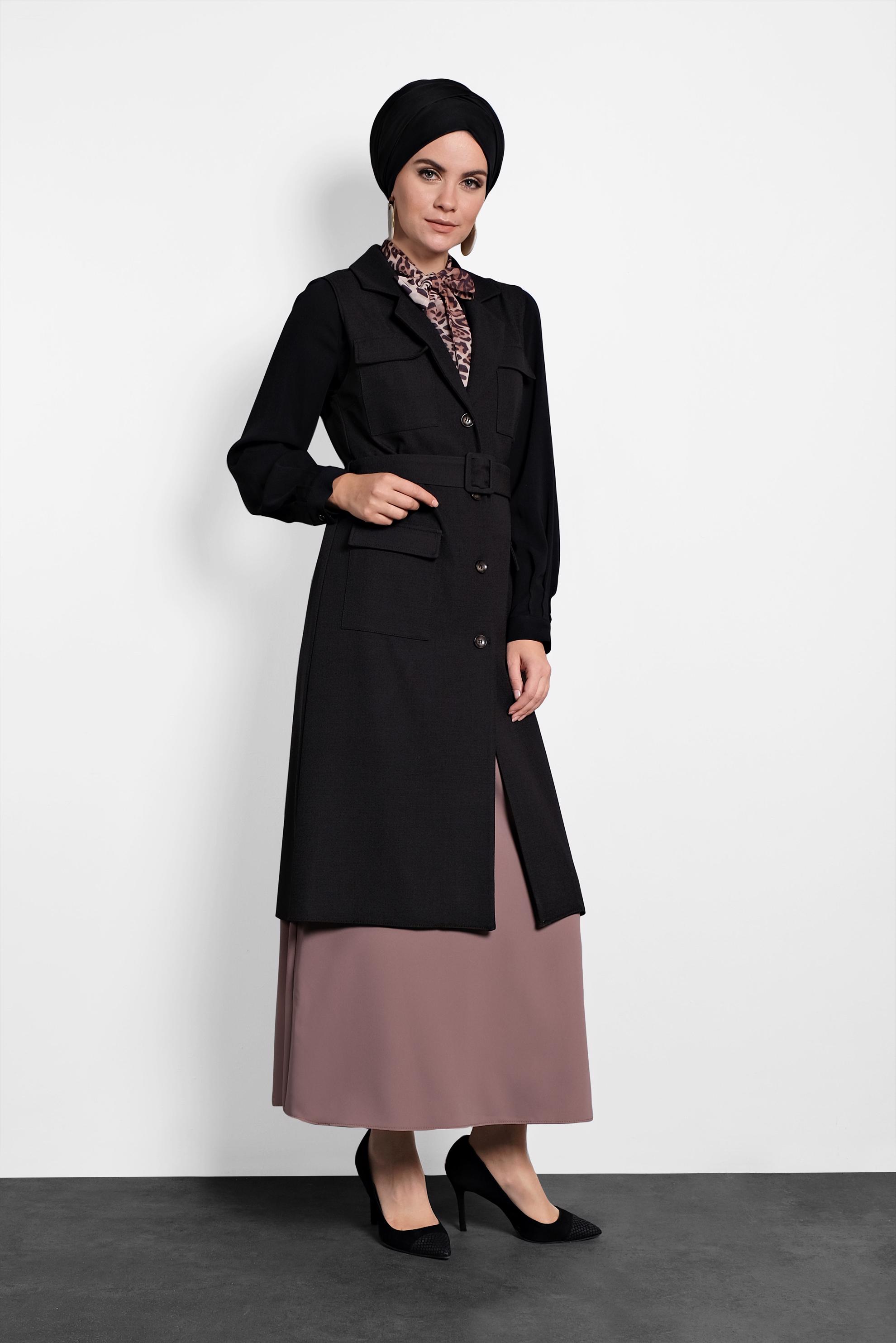 Tesettür giyim SİYAH KEMERLİ DÜĞMELİ YELEK 40128