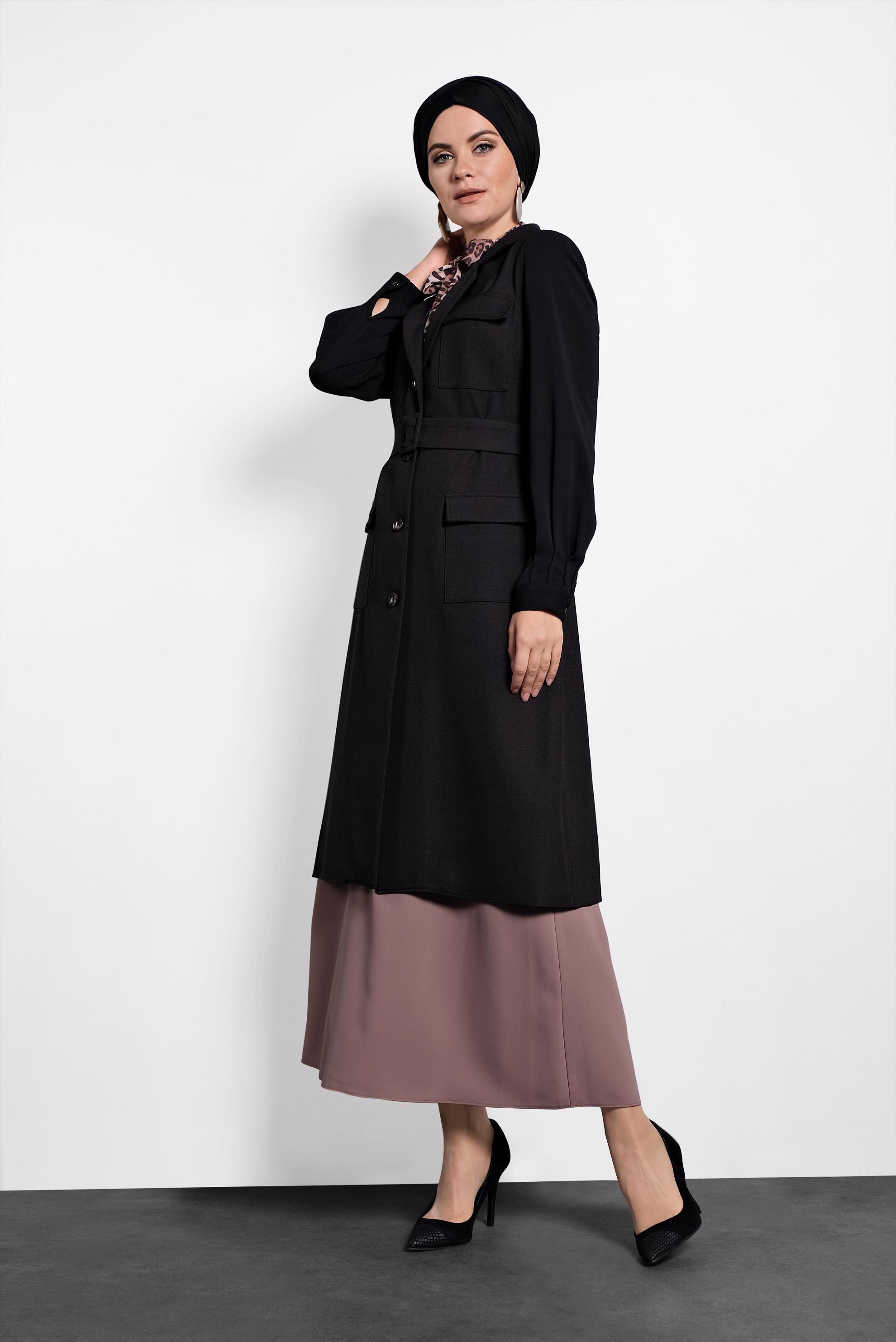 Tesettür giyim SİYAH KEMERLİ DÜĞMELİ YELEK 40128