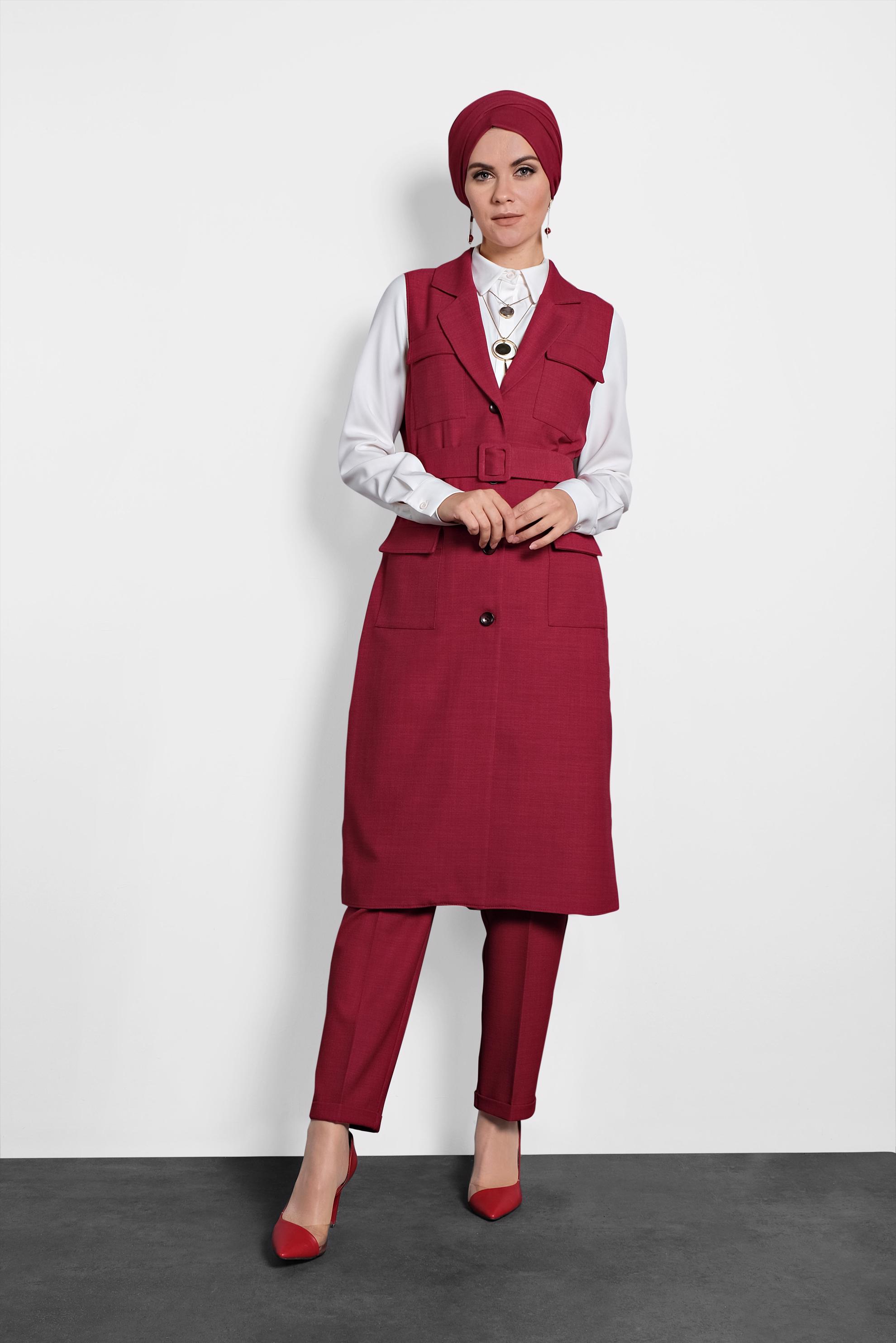 Tesettür giyim KIRMIZI KEMERLİ DÜĞMELİ YELEK 40128