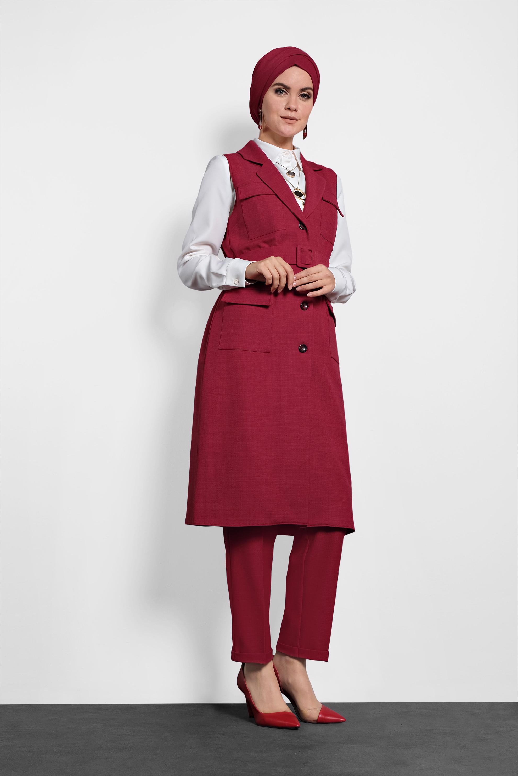 Tesettür giyim KIRMIZI KEMERLİ DÜĞMELİ YELEK 40128